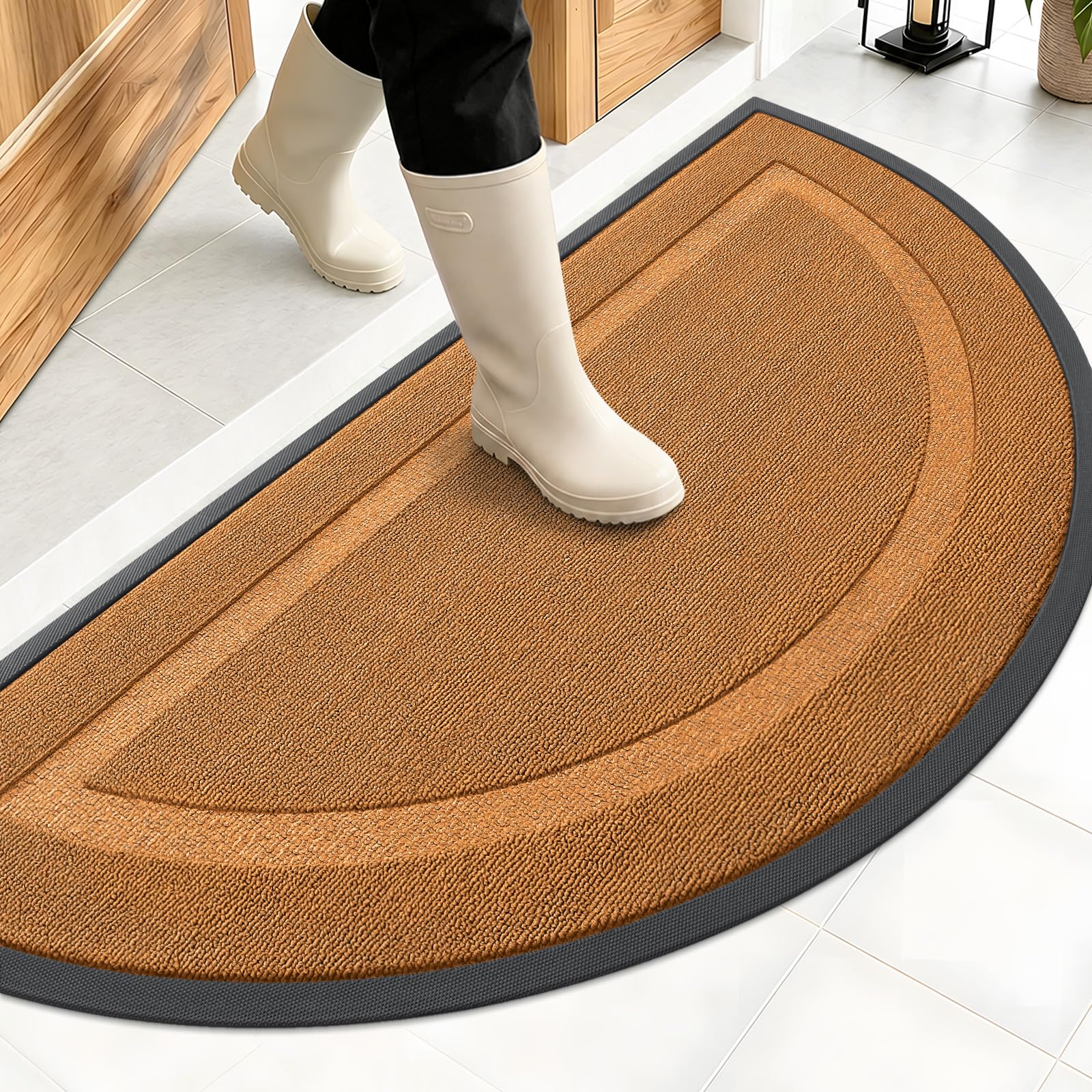 OLANLY Half Circle Front Door Mat Outside 47x23 All-Season Rubber Doormat | Tangerine Orange, Absorbent, Heavy-Duty, Stain and Fade Resistant, Non-Slip Backing, Low-Profile Indoor Outdoor Entryway Mat