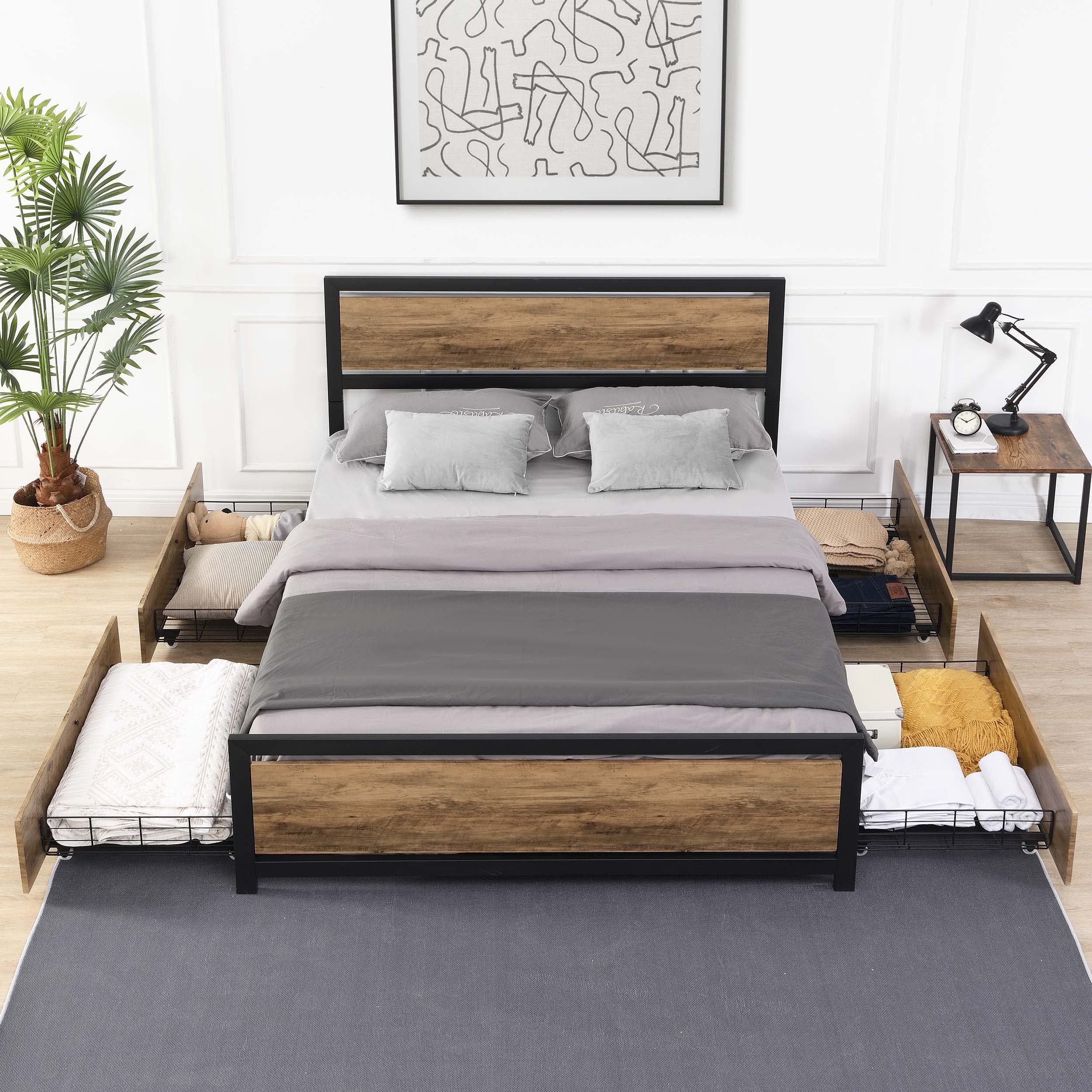 Flieks Industrial Wood and Metal Platform Bed with 4 Storage Drawers and Headboard, No Box Spring Needed, Queen Size, Light Brown