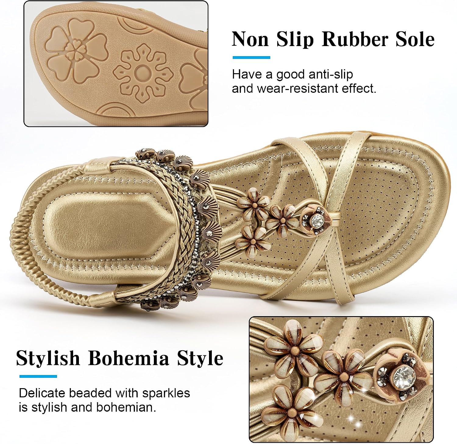FUDYNMALC Womens Flat Sandals Comfortable: Dressy Summer Slip On Shoes | Elastic Ankle Strap Bohemian Rhinestone Beaded Sandals for Casual Walking Vacation