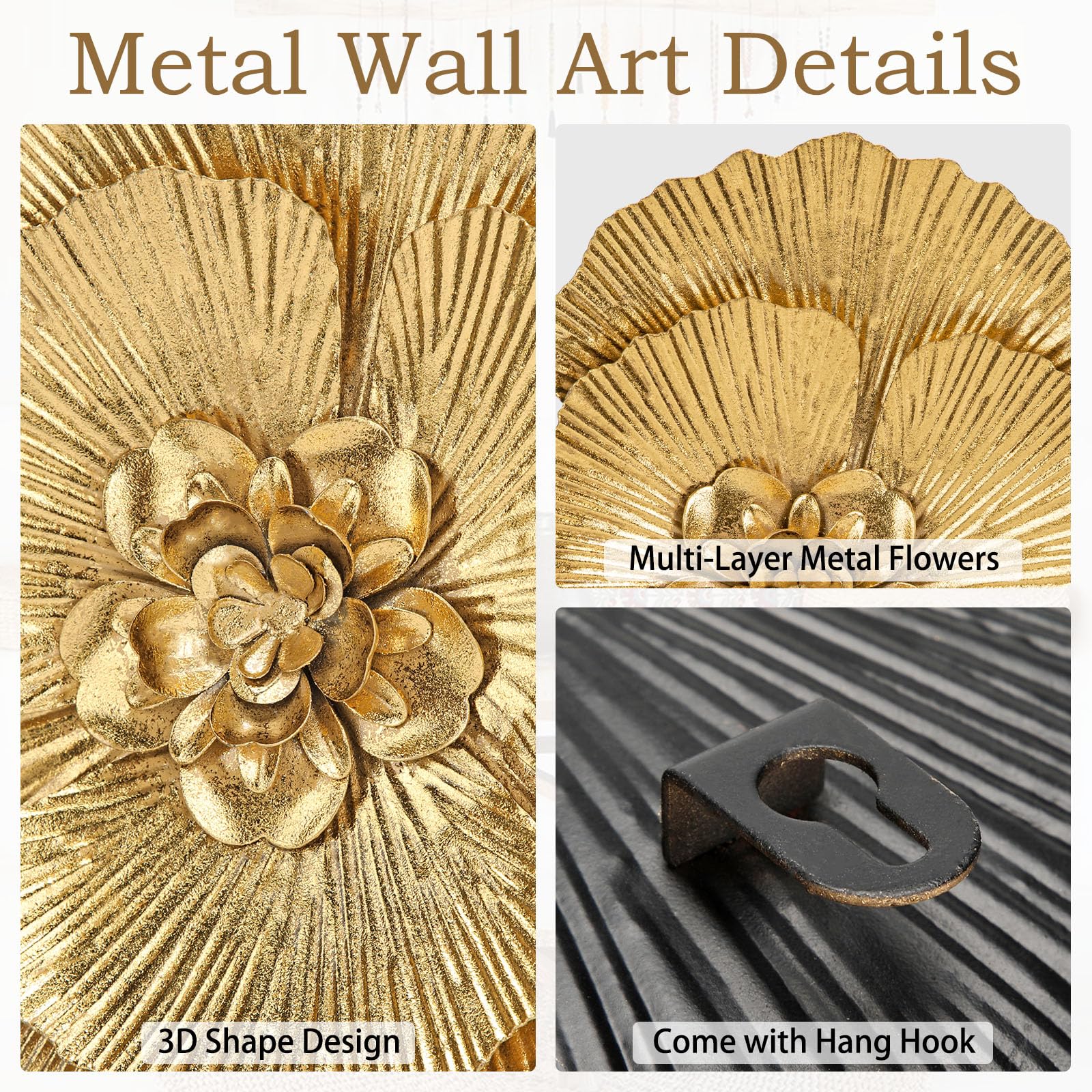 Oairse Juego de 3 flores de metal de magnolia para decoración de pared, esculturas florales 3D, decoración moderna de pared dorada, decoración de pared rústica de metal para colgar en la pared de sala