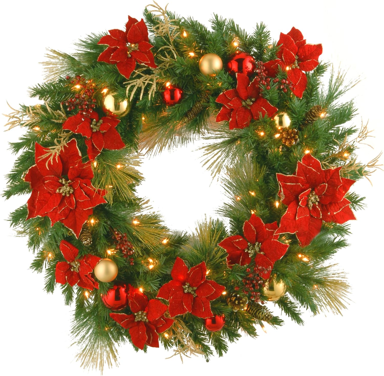 National Tree Company Pre-lit Artificial Christmas Wreath Collection Flocked with Mixed Decorations and White Lights, 36 Inch, Home Spun 36 Inch Home Spun Wreath with 100 Clear Lights