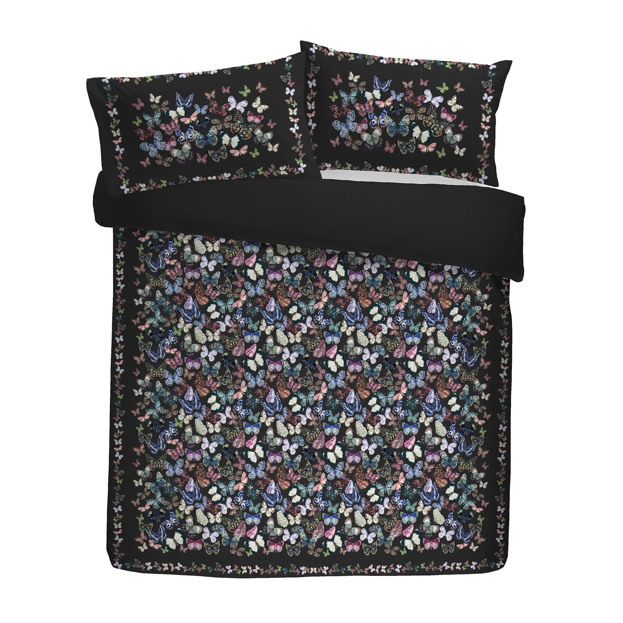 Soiree Papillon Velvet Duvet Cover Set, 100% Recycled Polyester, King Size 230x220cm, Charcoal, Butterfly Pattern, 2 Pillowcases