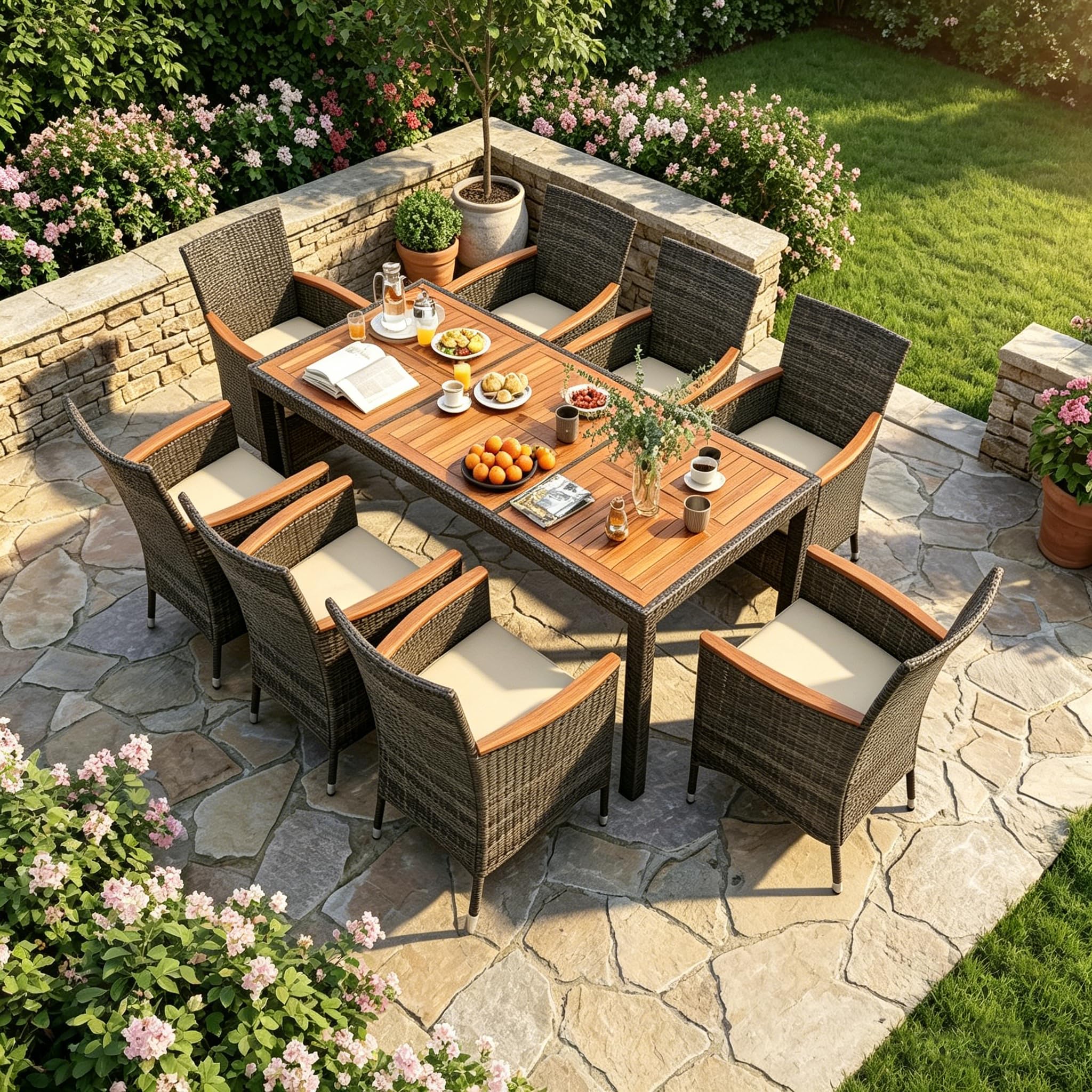 SOARS Salotto da Giardino Esterno, Set Mobili da Esterno in Rattan e Legno Massello con 8 Poltrone, Tavolo da Pranzo con Foro per Ombrellone da 5 cm e Cuscini Morbidi per Terrazzo, Bordo Piscina