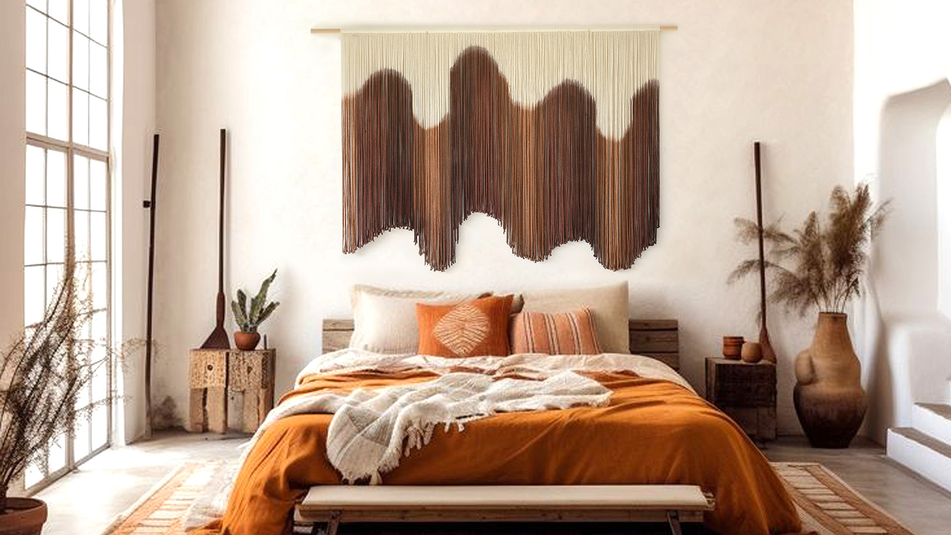 Grande Tenture Murale Macramé Vintage – Tribal, Bois, Perles, Jute (31x56)