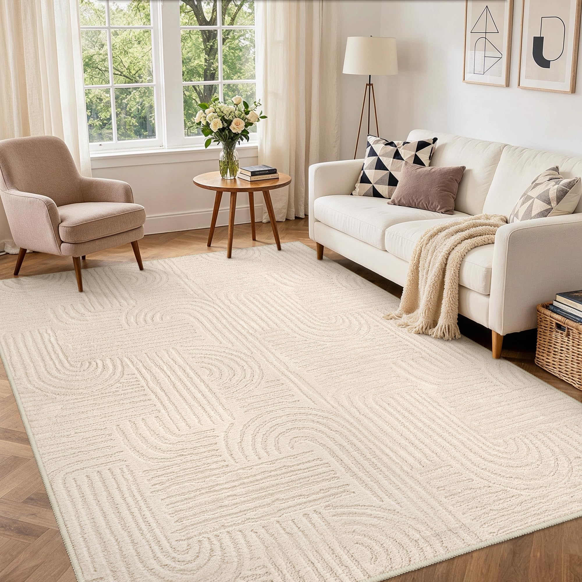 BEIMO Beige Wohnzimmer Teppich, Waschbar & rutschfest, 160x230 cm | Weiche 3D-Optik im modernen Boho-Stil sorgt für mehr Wohnkomfort in Schlafzimmer, Wohnzimmer oder Flur