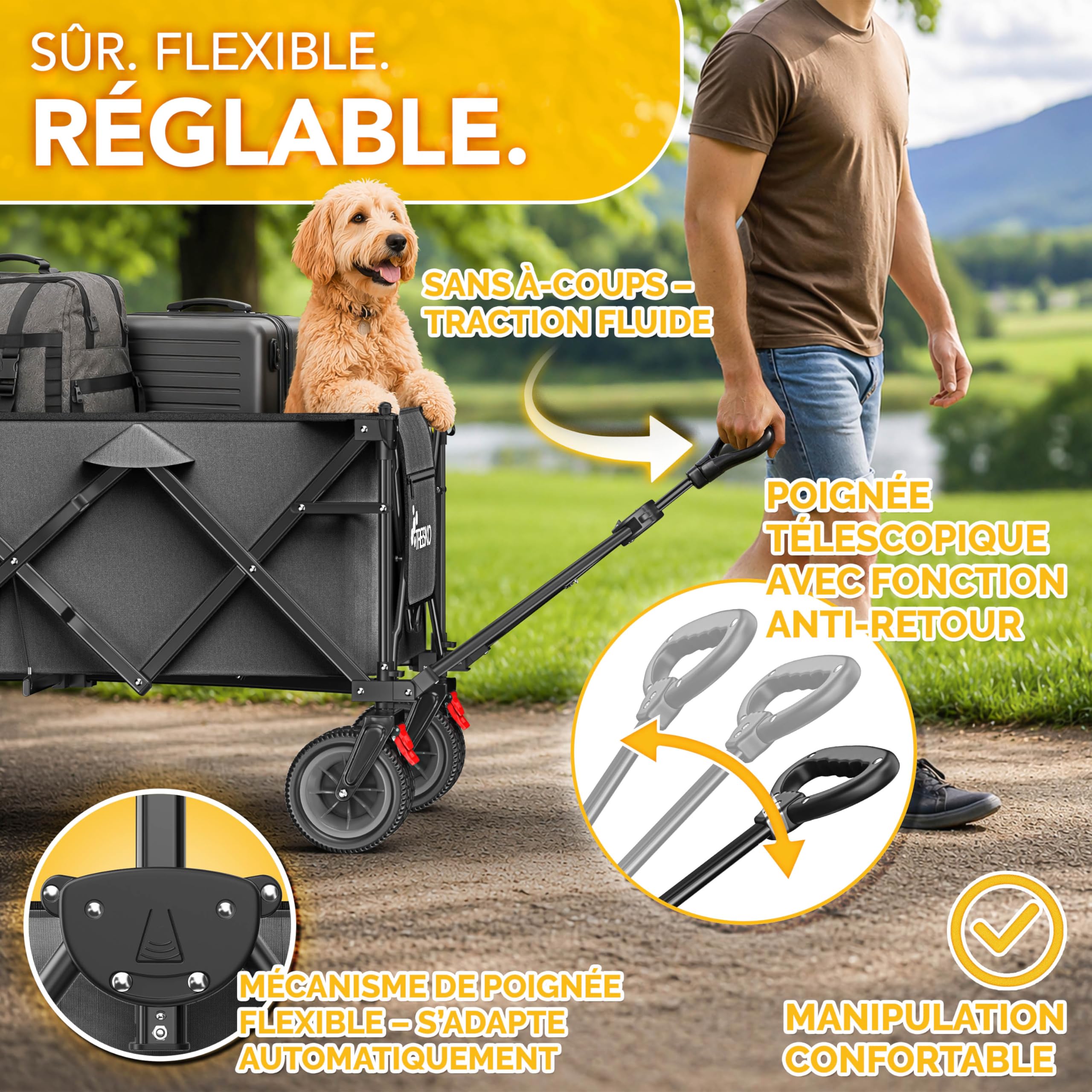 TRESKO® Chariot de transport pliable 215 L avec frein | Chariot à main pliable 150 kg avec pneus en caoutchouc plein | Chariot de plage pliable extra large tout-terrain | Chariot de transport avec sac