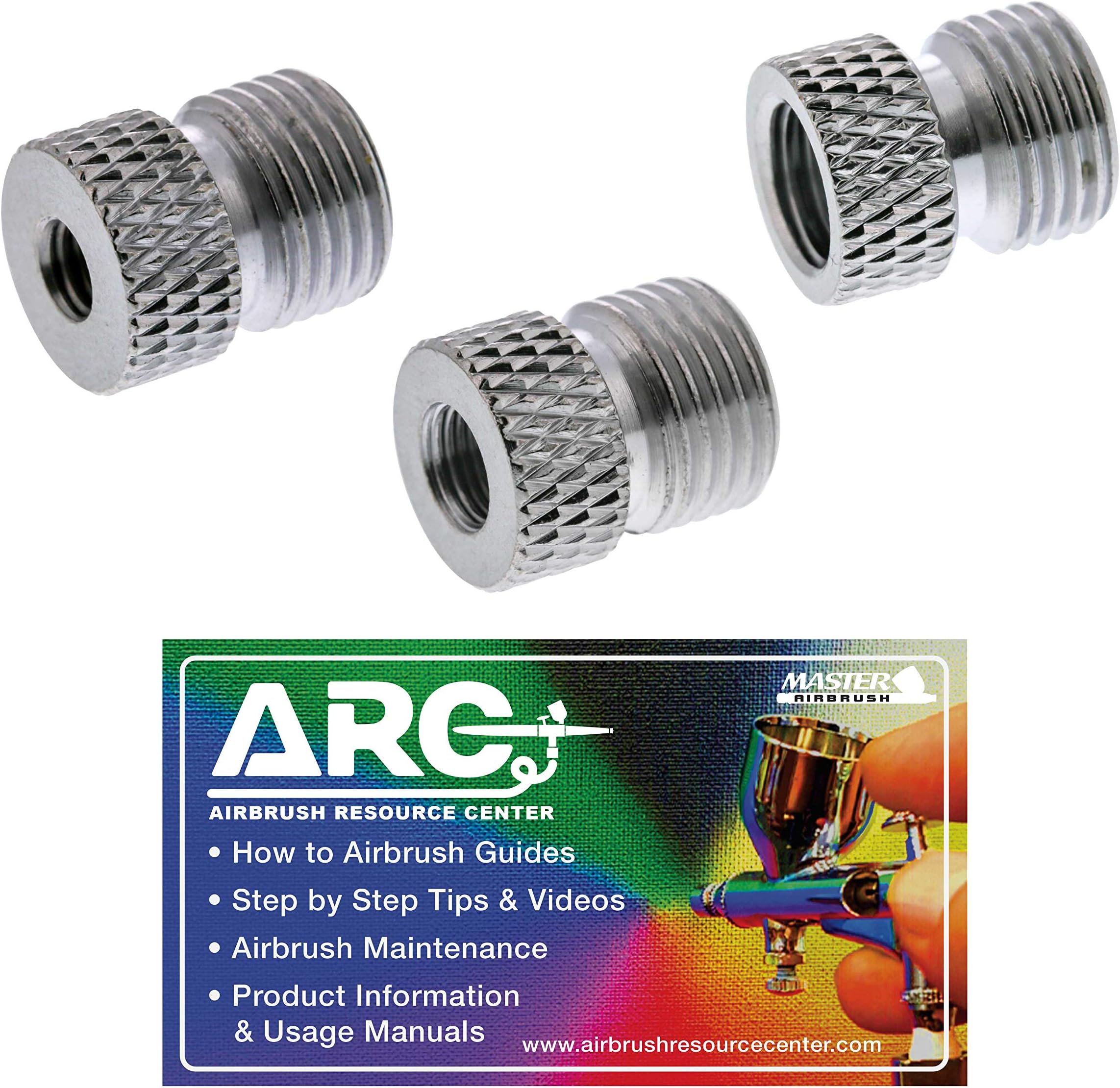 Master Airbrush Brand Airbrush Fitting Conversion Adapters for Paasche, Badger & Aztec Airbrushes; Converts Threads Size to 1/8" BSP Size Threads; Hose Adapter Connector; Airbrush Guide Card