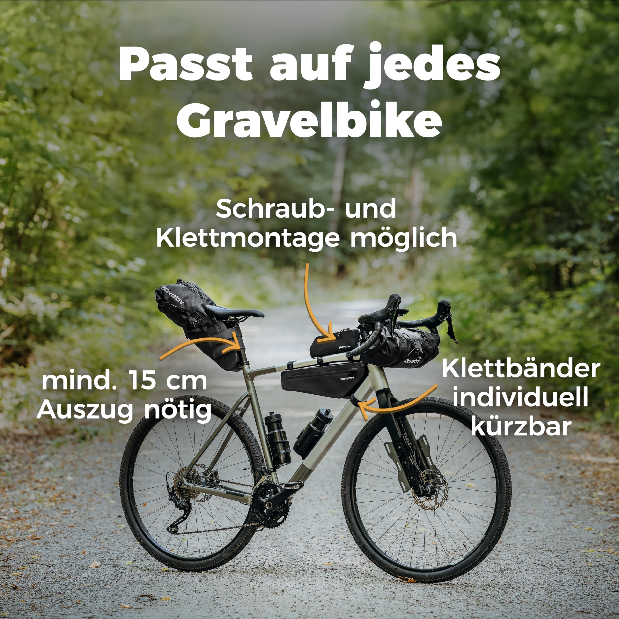Rovativ® Bikepacking Basis-Set [22,5L] Oberrohrtasche, Satteltasche, Rahmentasche und Lenkerrolle fürs Fahrrad - 100% Wasserdicht - Für Gravelbike, Rennrad und MTB