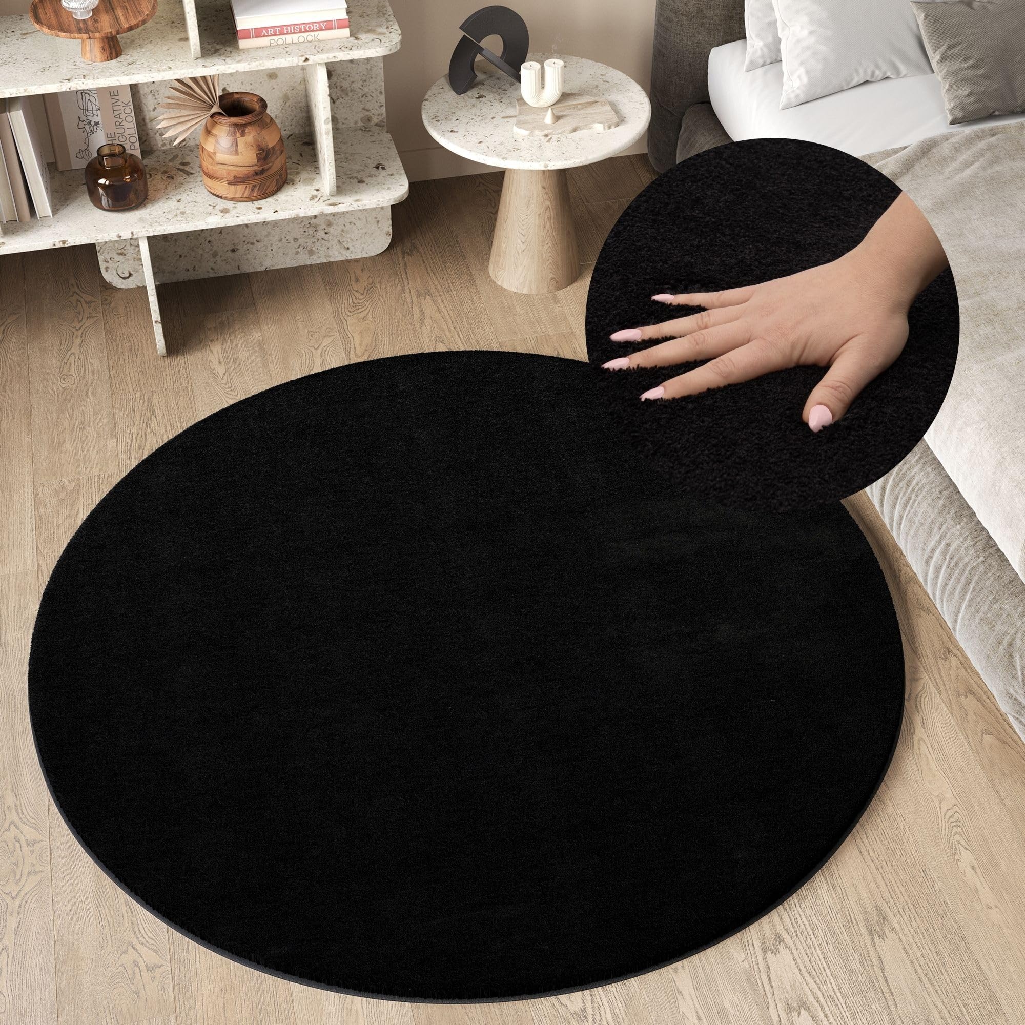 TAPISO Cuddle Redonda Alfombra de Pelo Largo Shaggy Lavable Antideslizante Diseño Moderno Negro Alfombra de Salón Habitación Infantil Dormitorio Oeko-Tex 200 x 200 cm