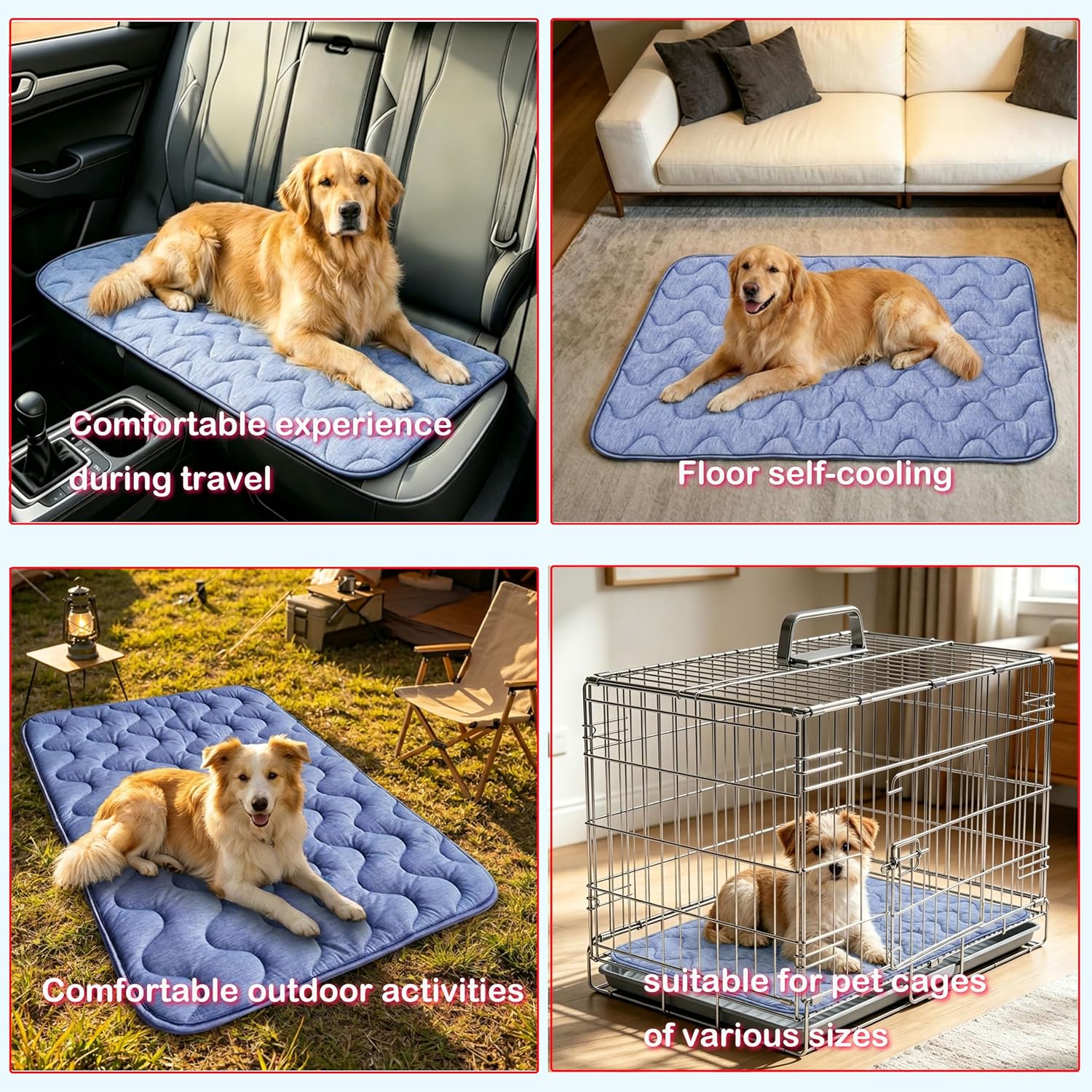 Dog Cooling Mat for Large Dogs & Cats, 55 x 39 in Washable Pet Cooling Pad, Double-Sided Soft Mat with Waterproof Reverse Side, No Gel, Water or Electricity, for Crate, Sofa, Floor & Car (Blue, XL)