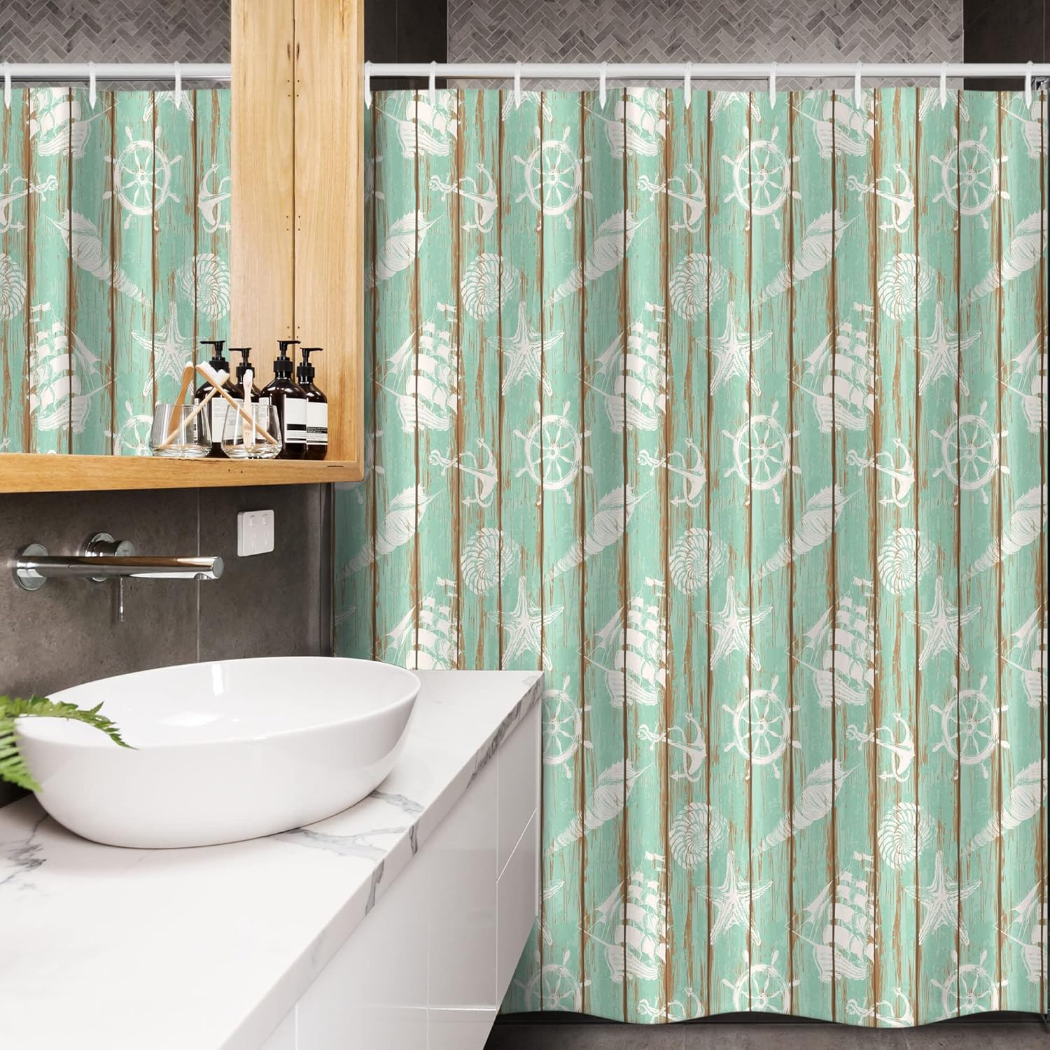 Ambesonne Ships Wheel Stall Shower Curtain, Old Boards Ship Deck Pattern Painted by Anchor Wheel Seashell Starfish Sailboat, Fabric Bathroom Decor Set with Hooks, 54" W x 78" L, Mint Green
