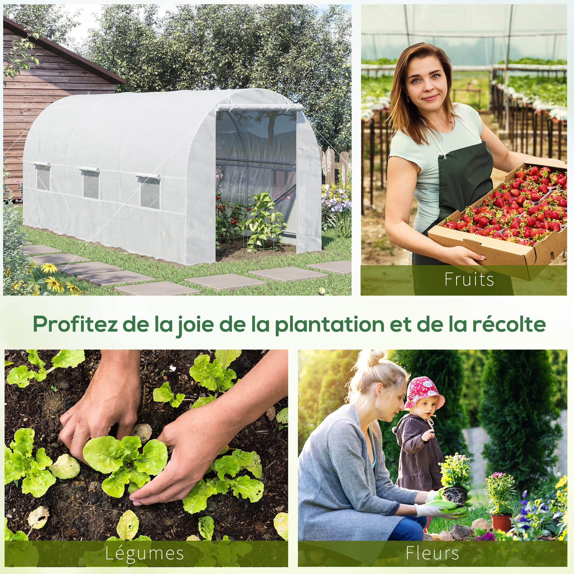 Outsunny Serre Tunnel de Jardin 9m², Serre de Jardin Tunnel 445x200x200cm avec Porte et 6 fenêtres, pour extérieur, Toutes Saisons, légumes, Fruits, Fleurs, bâche PE Haute densité 140 g/m² Blanc