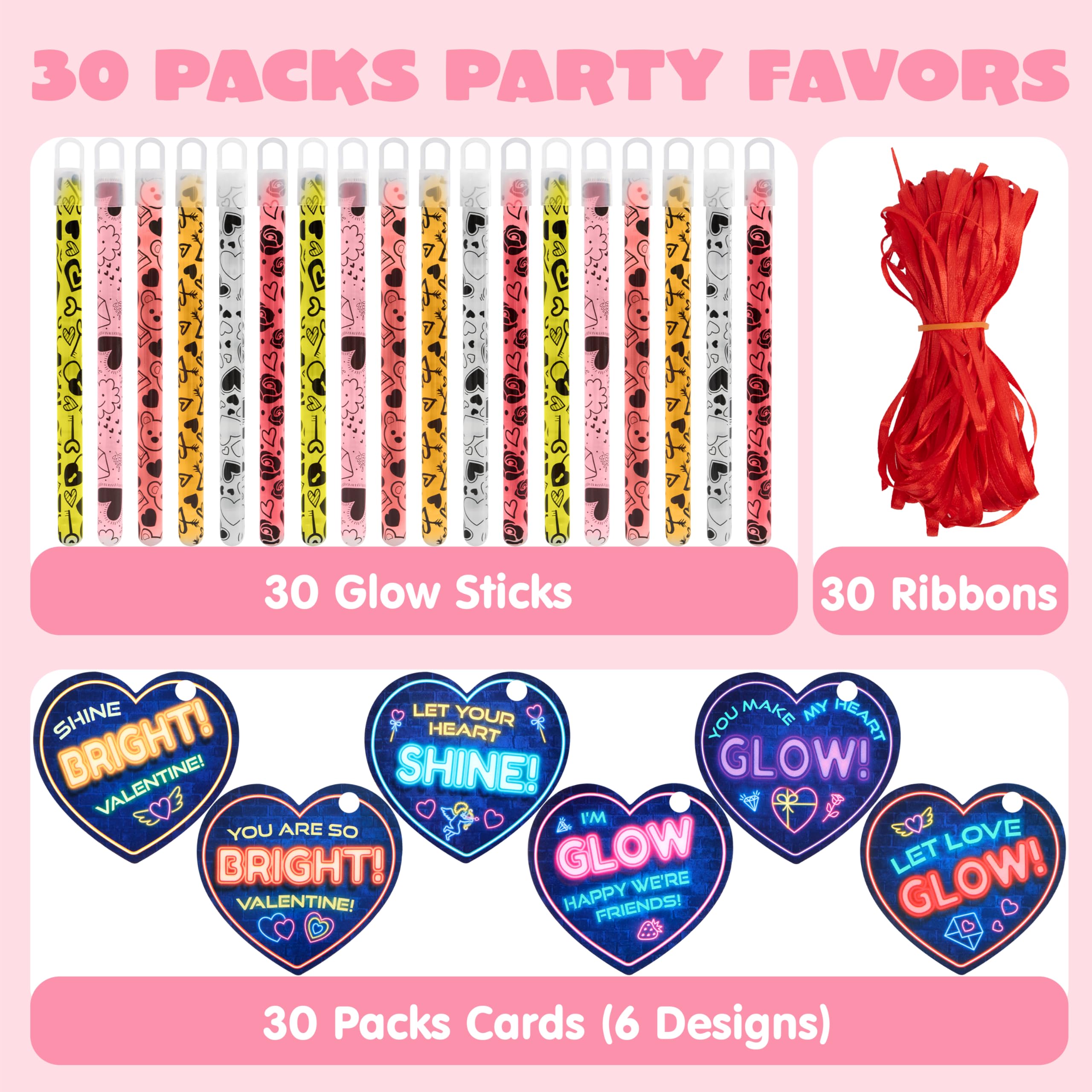 Condition photo showing New/Like New for joyin 30 packs valentine's day gifts cards with bright large glow sticks for valentine's party favors, waterproof glow sticks for valentines classroom exchange toy, valentine school classroom prizes