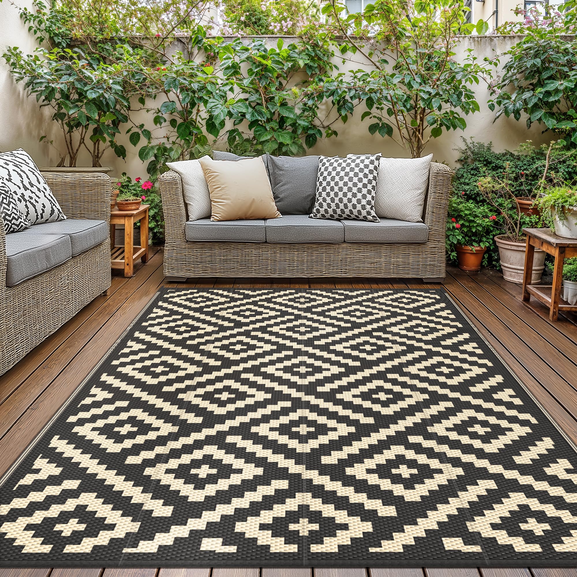 GENIMO Tappeto Esterno Impermeabile Reversibile Lavabile, Nero-Beige, 180x275cm