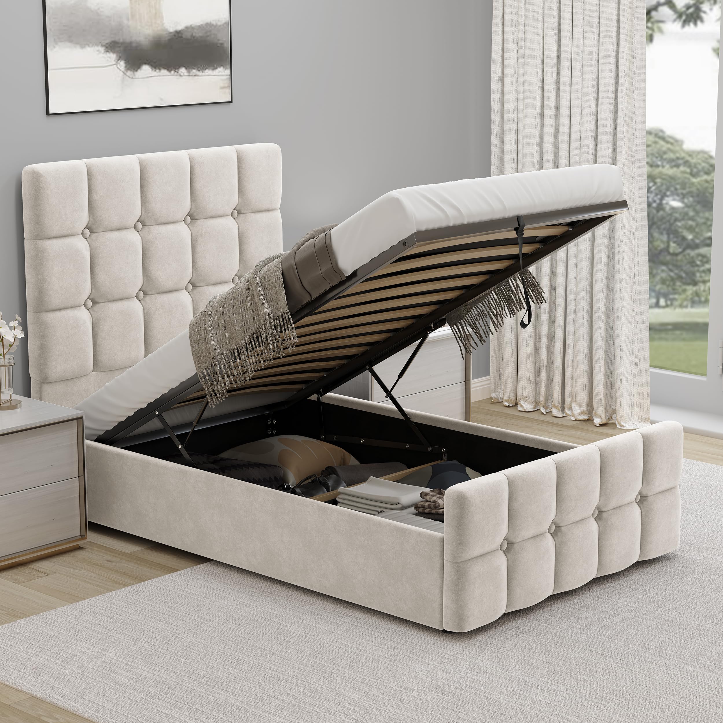 Upholstered Ottoman Bed Single Bed Frame UKFR Velvet Beige Ottoman Storage Bed with Gas Lift End Opening Wooden Slats with Storage Bed (3ft Single 90 x 190, No Mattress) โ image 1