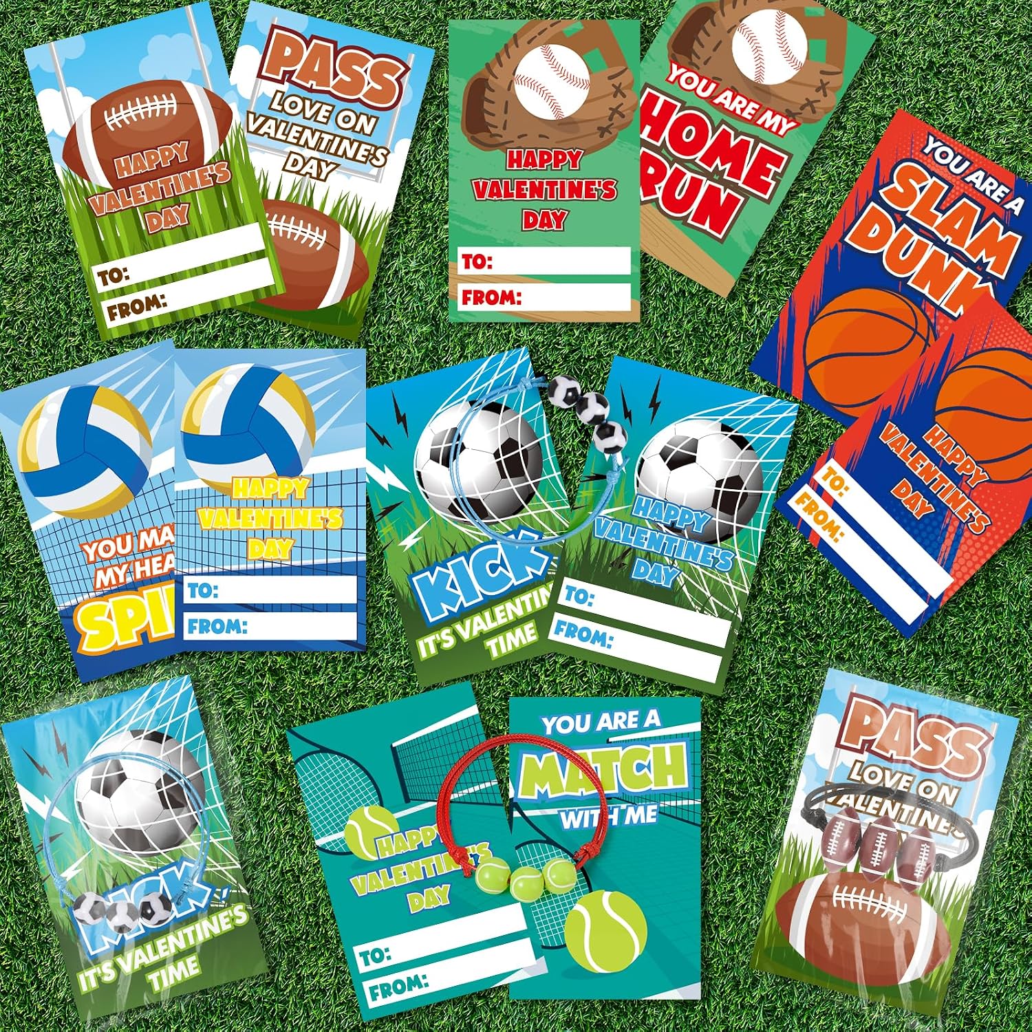 AuroTops Valentines Day Cards for Kids, 24 Pack Adjustable Sports Charm Bracelets with Valentines Day Cards for Valentine School Party Favors for Kids Boys Girls, Kid Exchange Valentine's Day Gifts