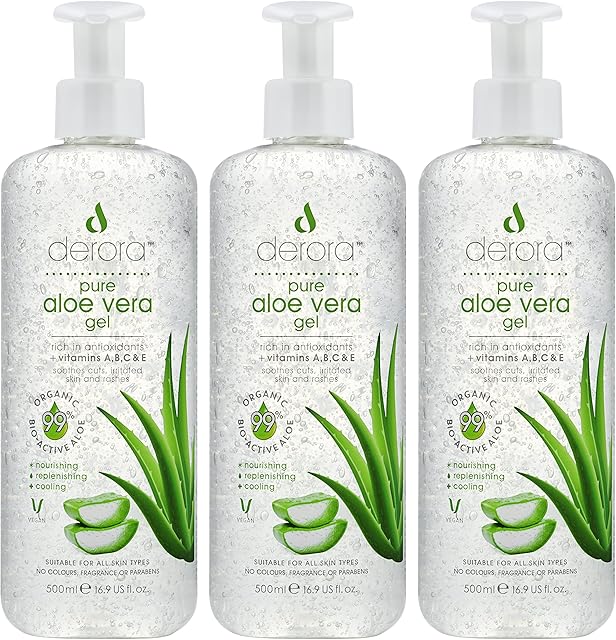 Derora Aloe Vera Gel - 500ml x3 | Contains 100% Pure, Organic & Natural Bio Active Aloe Ingredients | for Healing, Soothing & Hydrating the Skin, Face & Body | Cruelty Free & Vegan