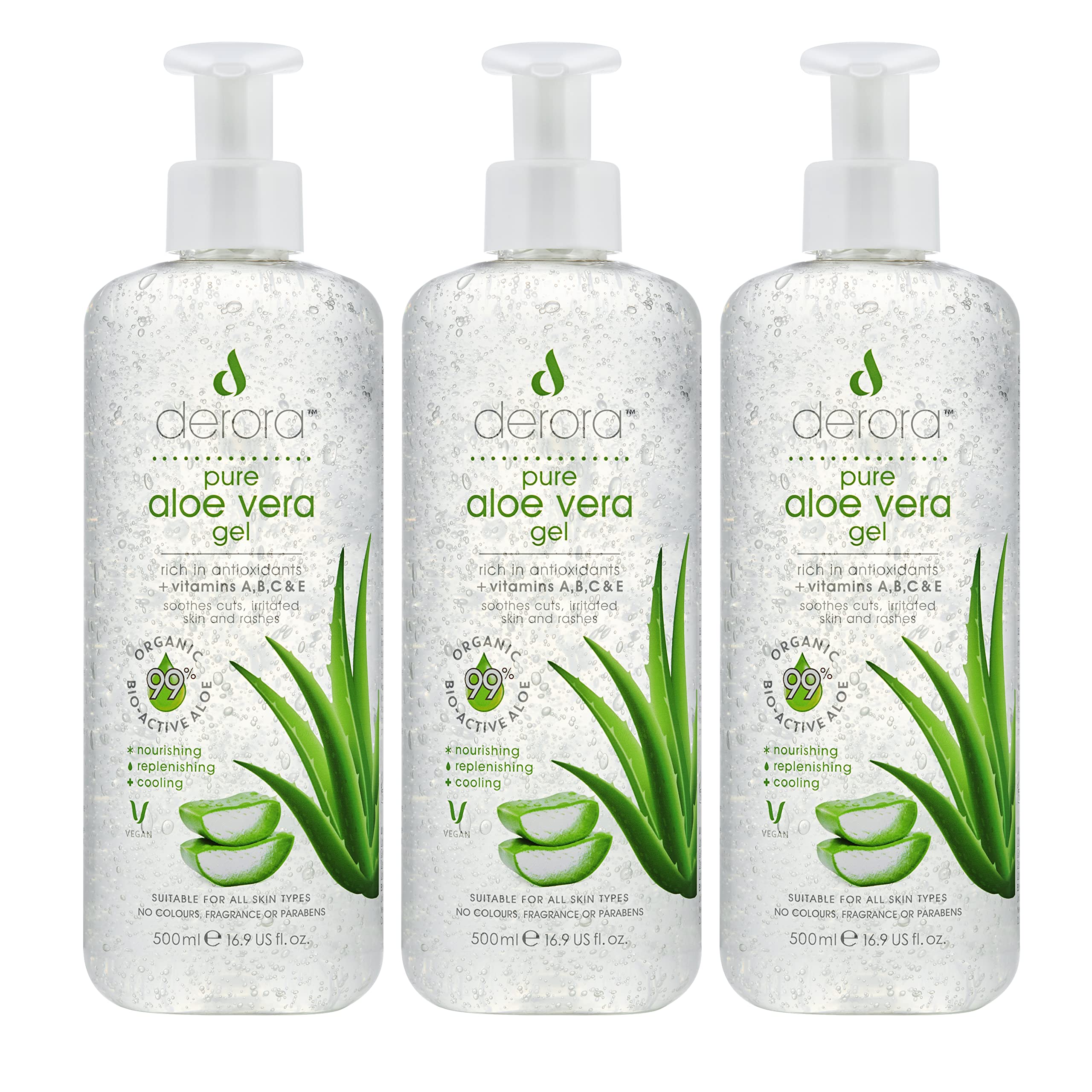 Derora Gel d'Aloe Vera | Contient des ingrédients 100% purs et naturels | pour guérir, apaiser et hydrater la peau, le visage et le corps | Sans cruauté et végétalien (500ml x3)