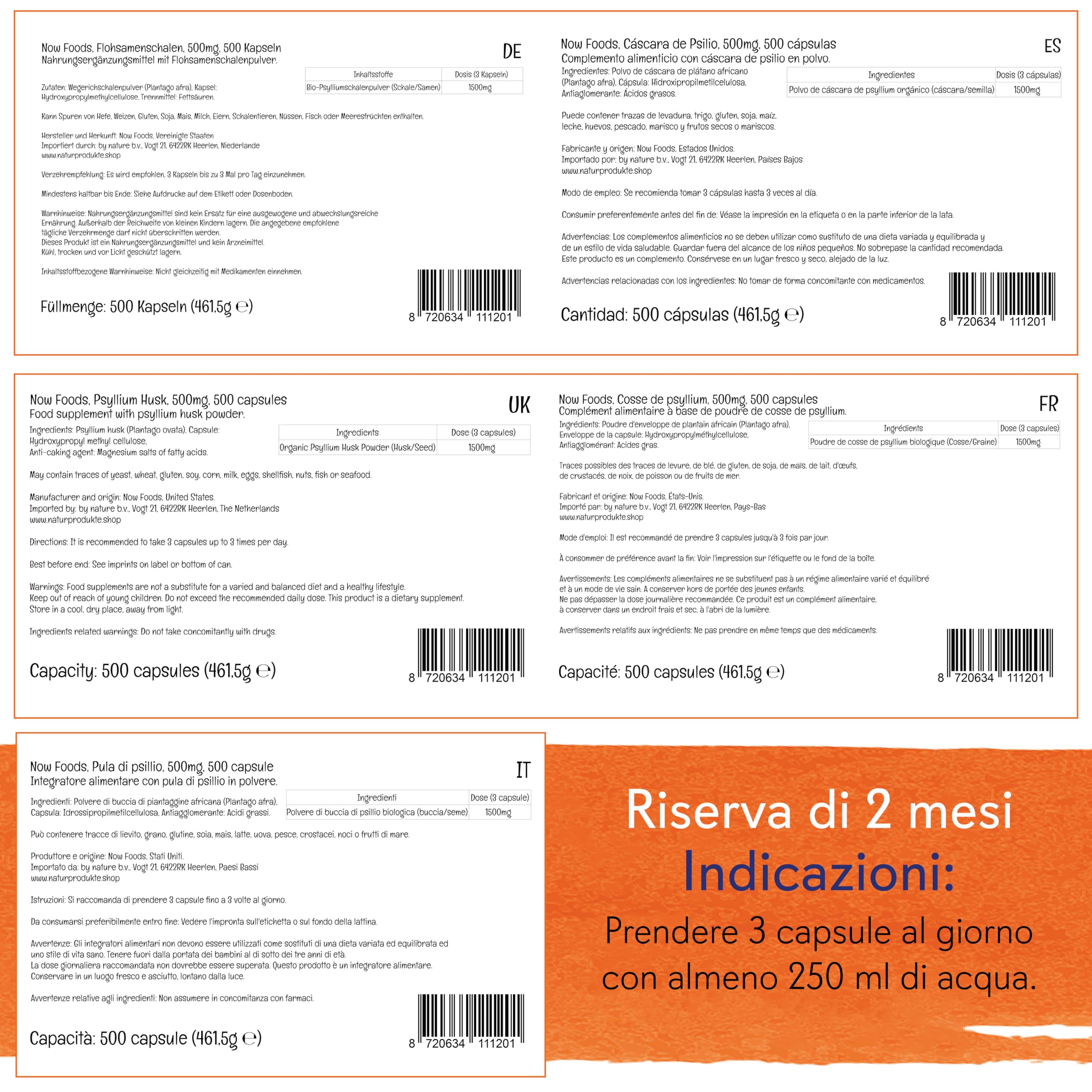 Now Foods, Psyllium Husk Caps (Bucce di psillio), 500 mg, 500 Capsule vegan, Testato in Laboratorio, Senza Glutine, Senza Soia, Vegetariano