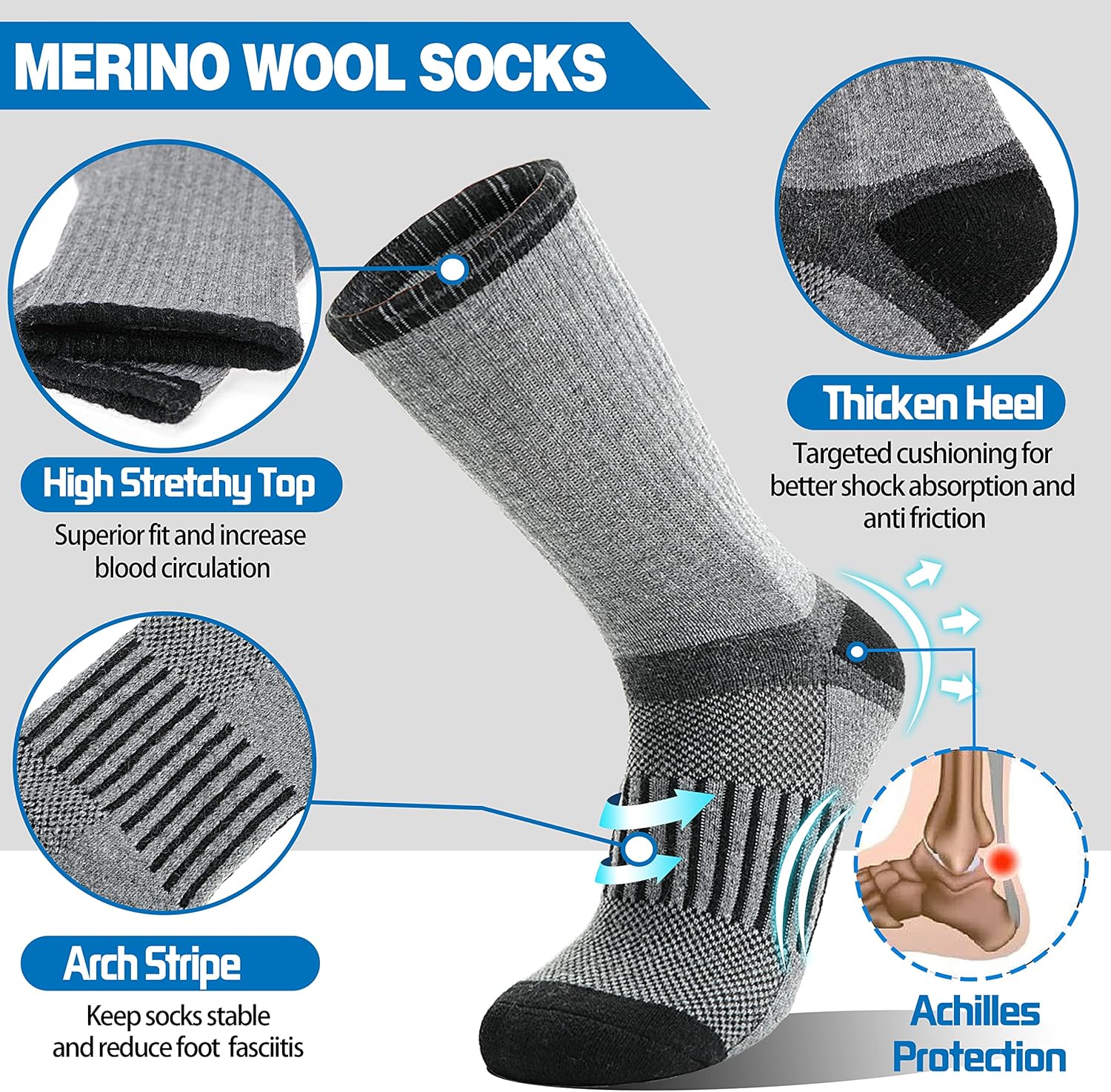 5 Pairs Merino Wool Hiking Socks Warm Thermal Winter Cozy Cushioned Moisture Wicking Socks for Women & Men - Image 3