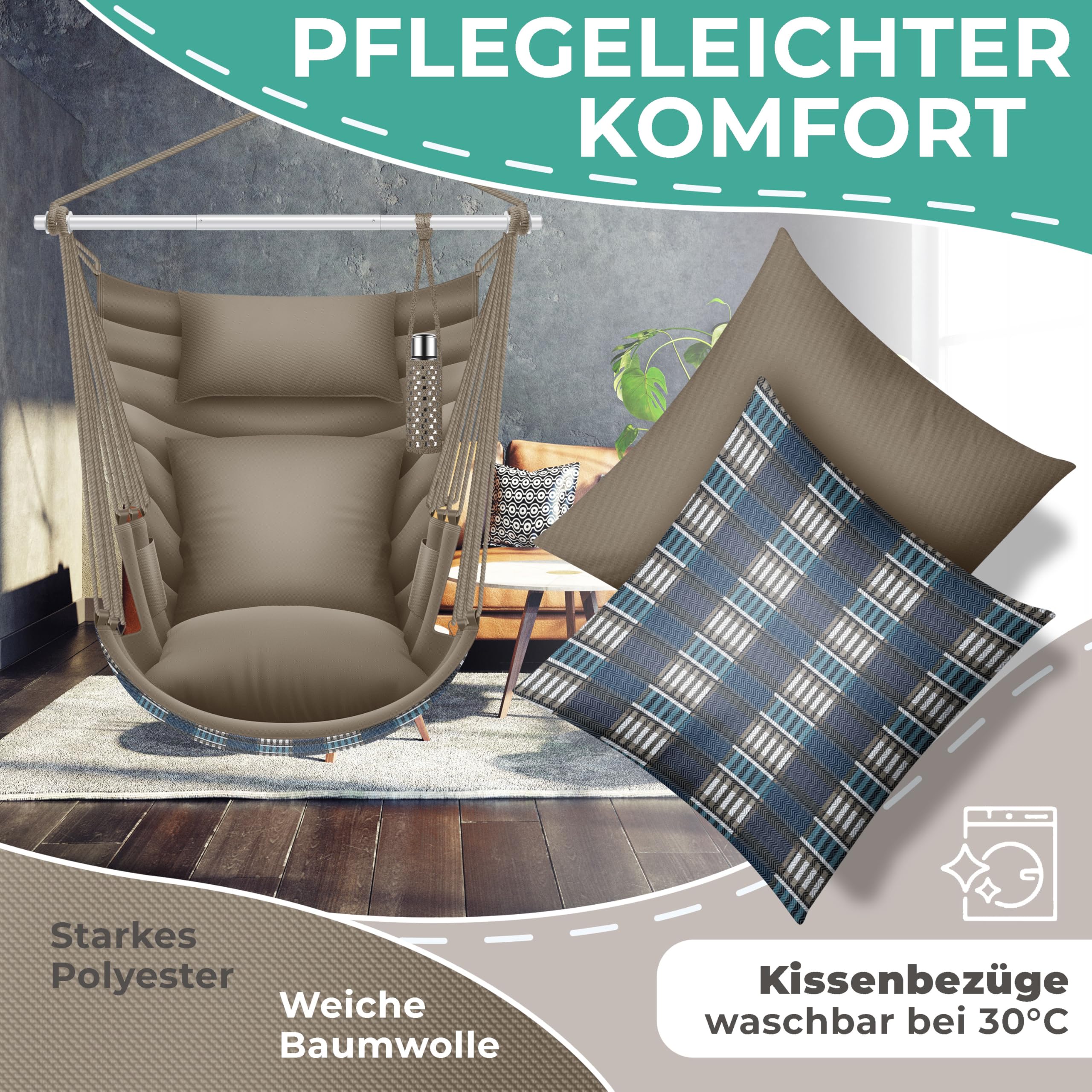 KESSER® Poltrona sospesa Haiti, portata 150 kg, girevole a 360°, altalena sospesa per interni ed esterni, resistente ai raggi UV e all'acqua, facile da pulire, include 2 cuscini, borsa per il