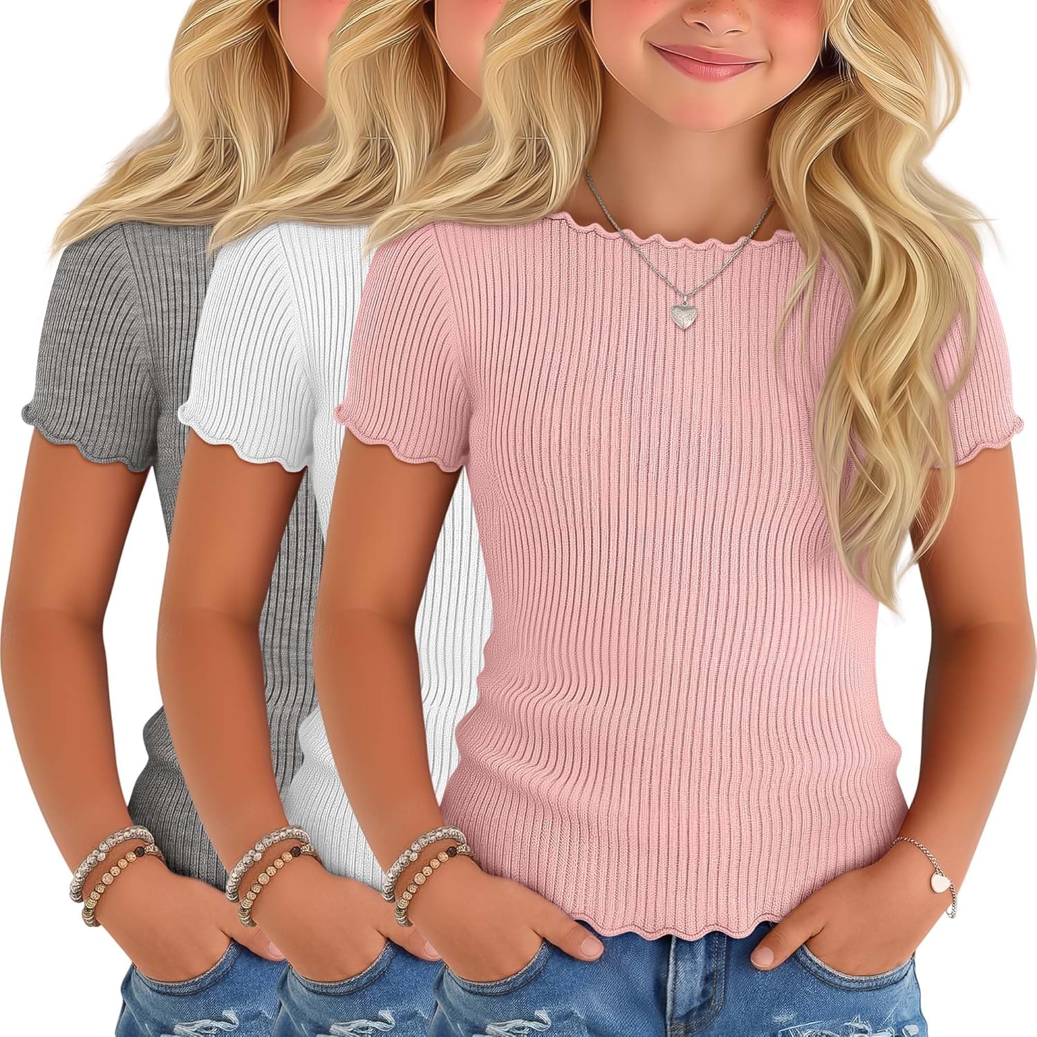 3 Pack Toddler Girls Short Sleeve Tees 90% Cotton Ribbed T-Shirts Boat Neck Lettuce Trim Solid Casual Tops 18M-5T