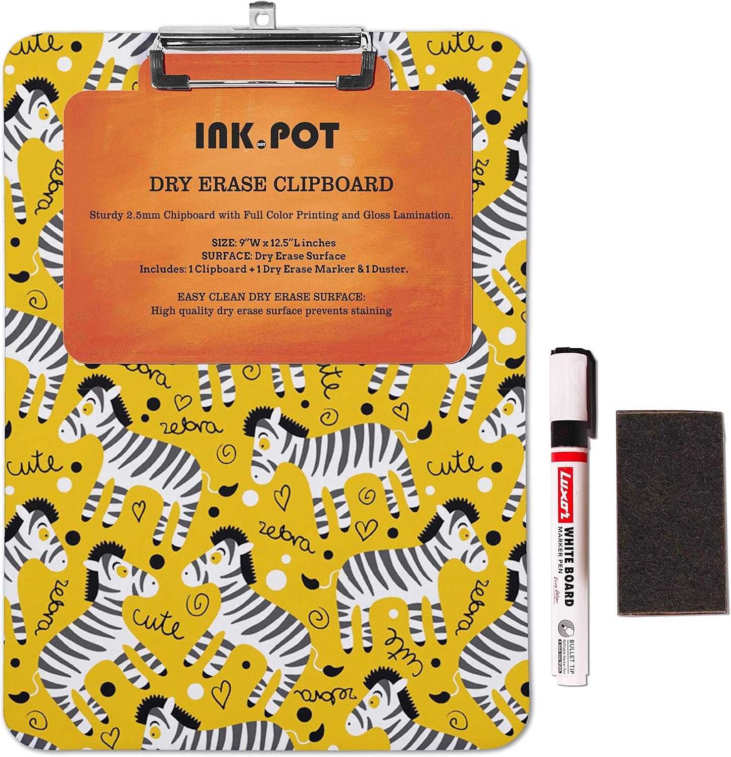 Decorative Clipboard Letter Size Clipboard with Low Profile Clip,Retractable Key Hole for Hanging Paperboard for Office School w/Free Marker & Eraser,Zebra-9x12.5 Inch