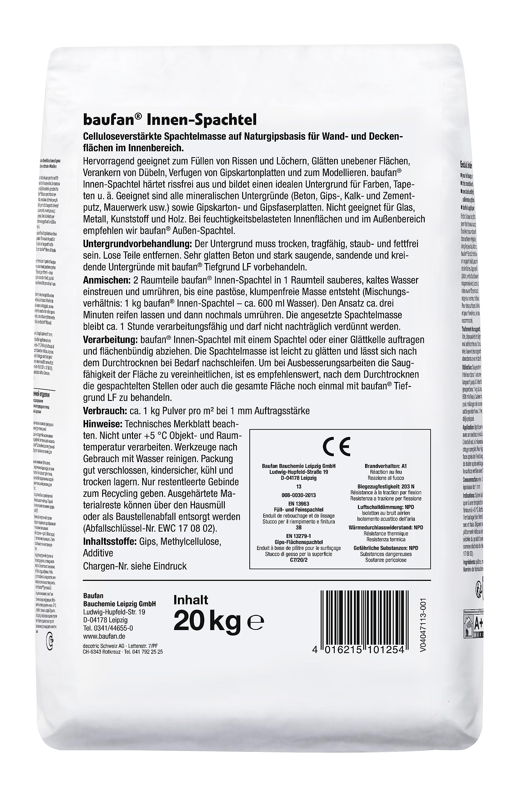 Baufan Spatola interna bianca, 20 kg, per riempimento, levigatura e modellazione, mastice ad asciugatura rapida per interni ed esterni, riparazione di crepe e fori