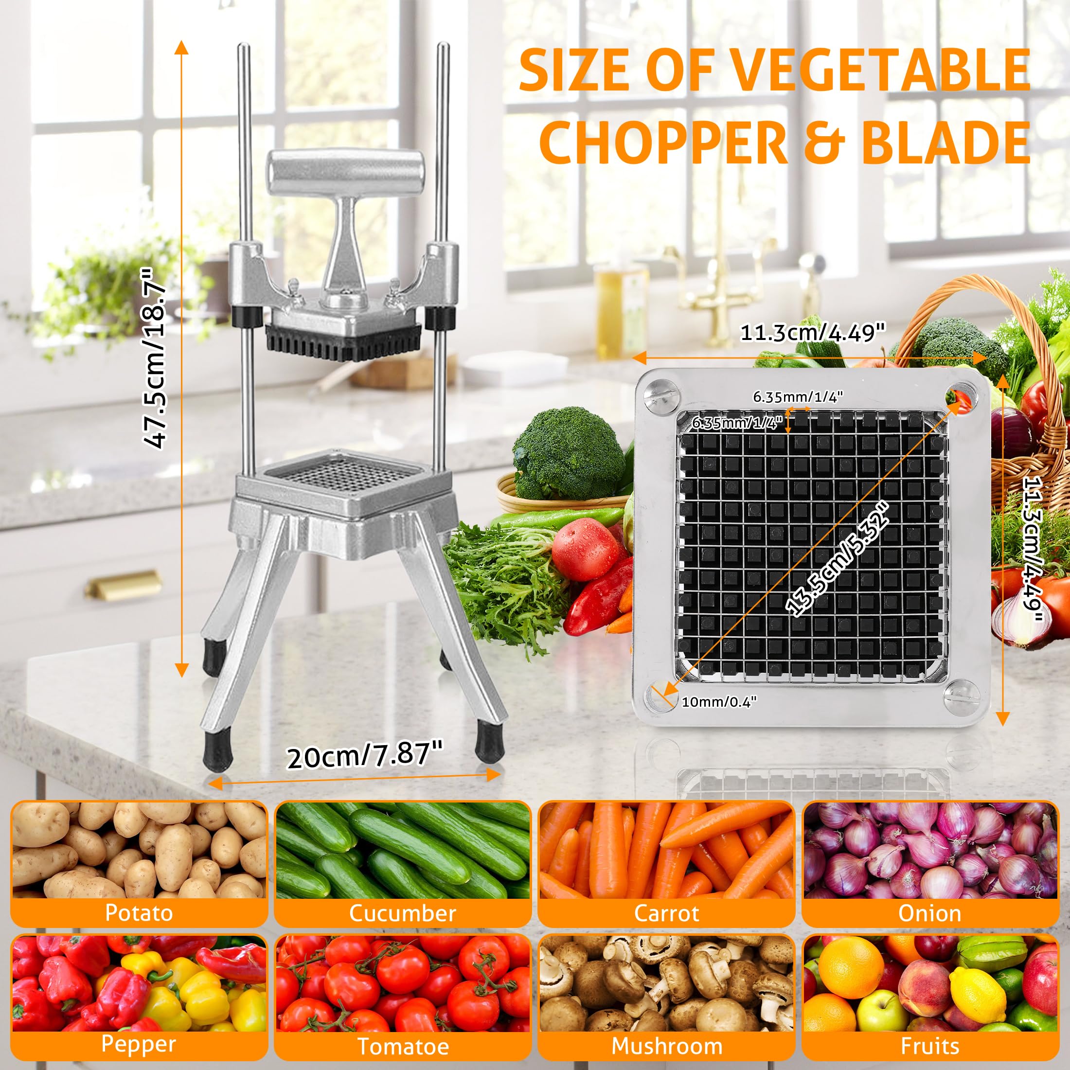 Picador comercial de verduras y frutas, cortador de acero inoxidable para cebollas, papas, pimientos y champiñones (1/4 de pulgada) 6