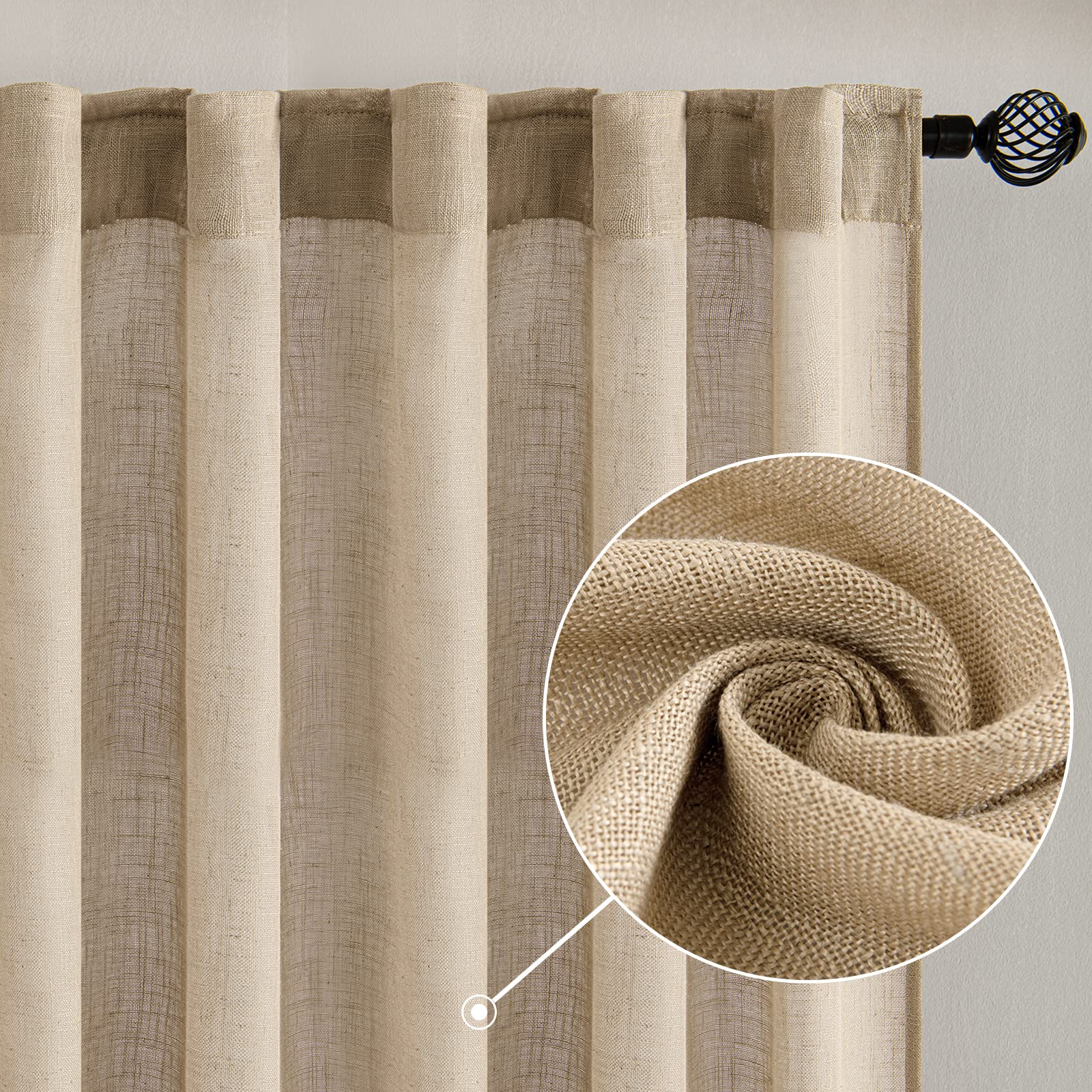 MIULEE Tan Beige Linen Curtains 120 Inches Long for Bedroom Living Room, Soft Thick Linen Textured Window Drapes Semi Sheer Light Filtering Back Tab Rod Pocket Burlap Look, 2 Panels 10 Ft