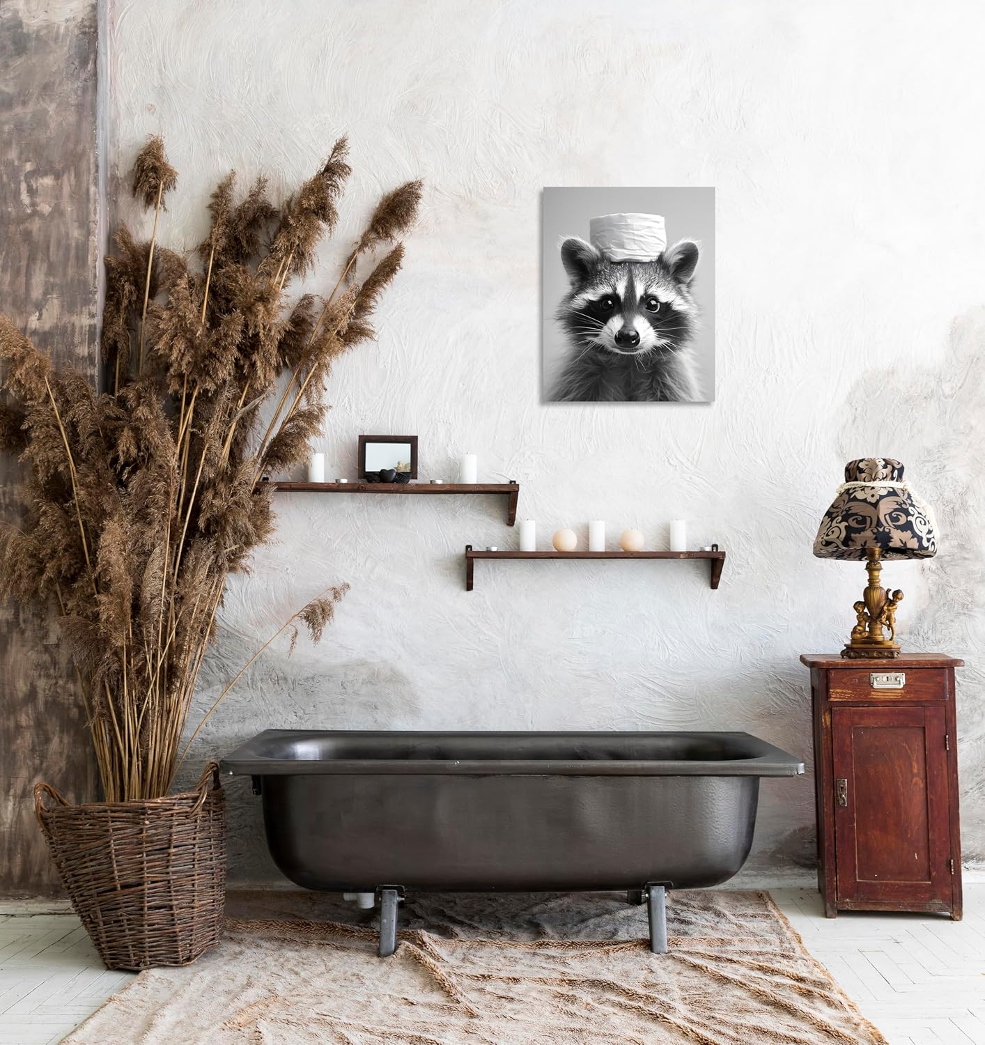 Raccoon Bathroom Wall Art Raccoon Toilet Paper Painting Funny Animal Bathroom Canvas Wall Art Black and White Animal Toilet Pictures for Bath Restroom Wall Decor Framed 16X20 inch image 5