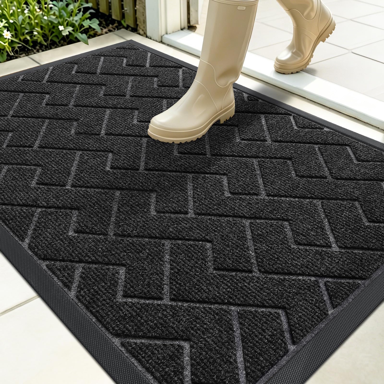 OLANLY Front Door Mat Outside 35x23, All-Season Absorbent Rubber Doormat | Black, Heavy-Duty, Stain and Fade Resistant, Waterproof Non-Slip Backing, Low-Profile Indoor Outdoor Floor Mat for Entryway