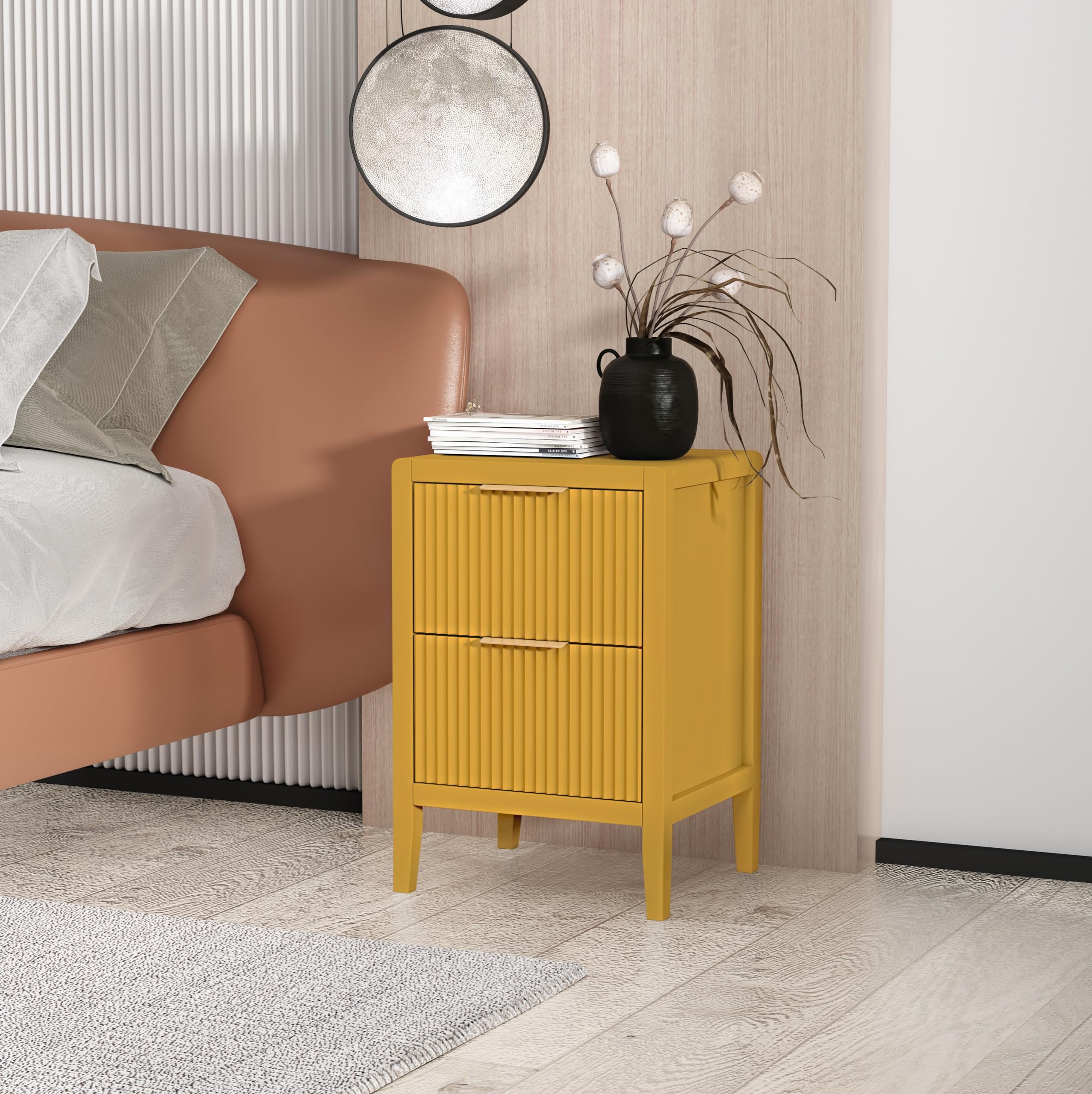 Cabinet Bits Bedside Table, Pine Wood, Yellow, One Size