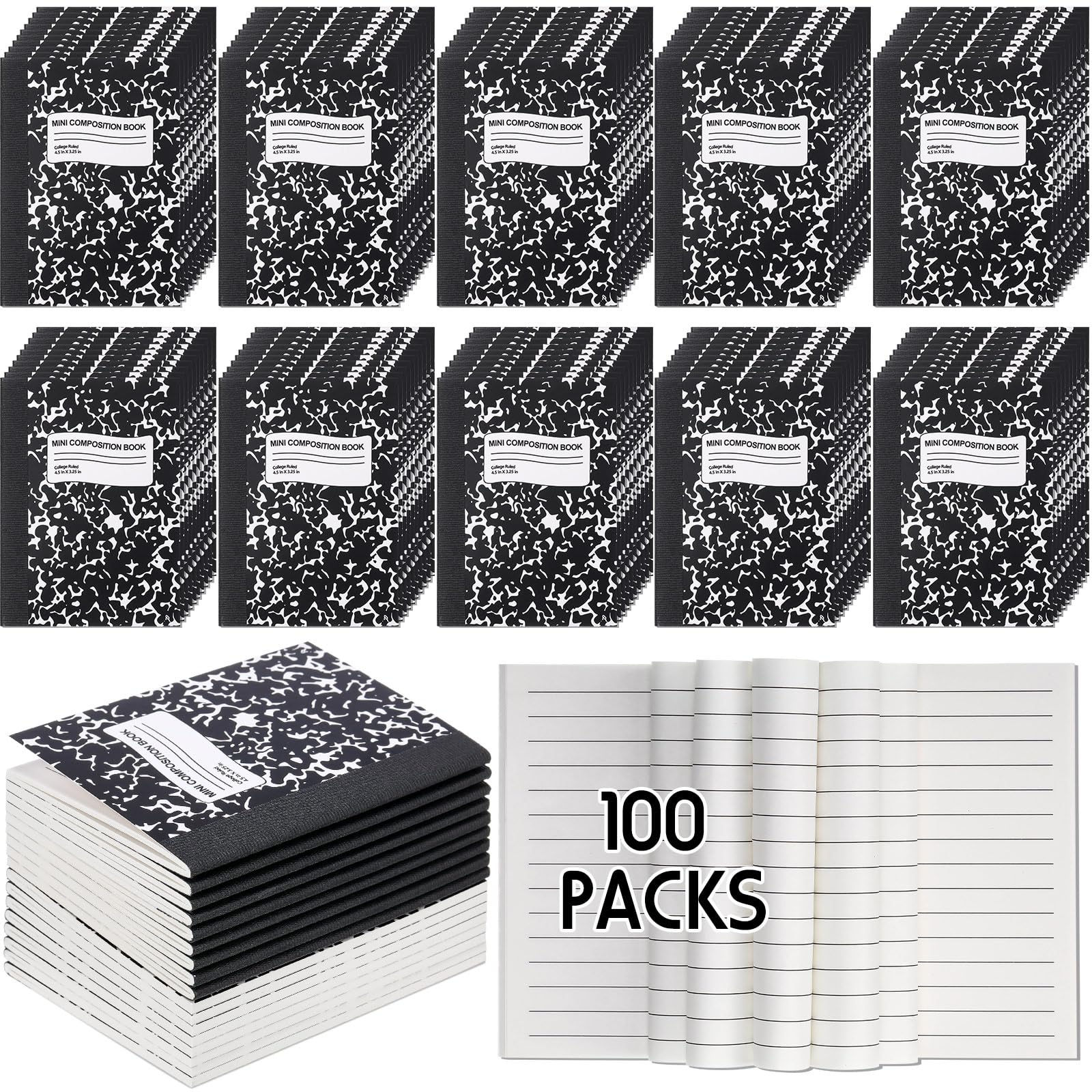 Fainne Confezione da 100 mini quaderni per composizione, 11,4 x 8,4 cm, piccole composizioni a righe strette, blocco note in marmo, per studenti, scuola, università, ufficio, 60 pagine (nero)