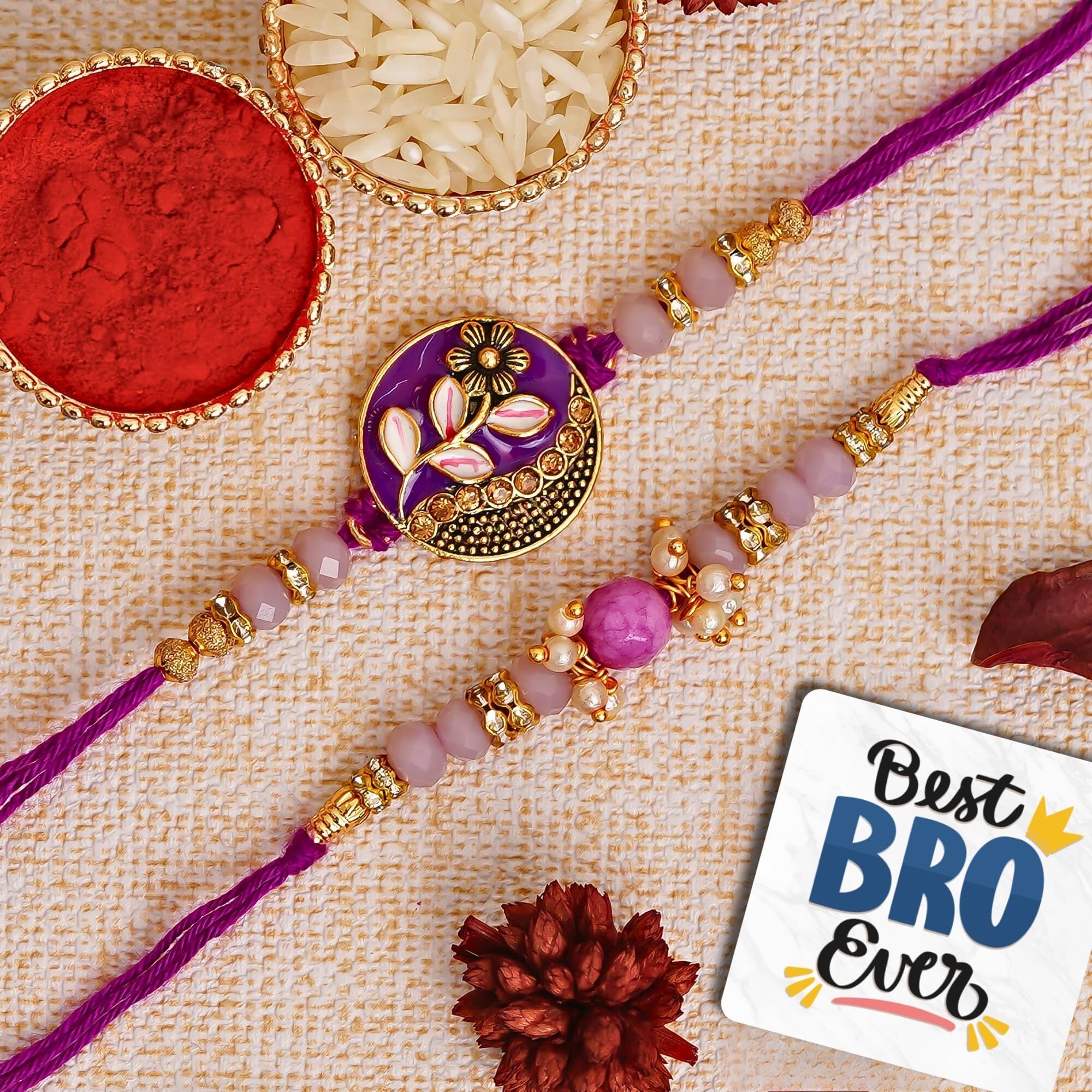 eCraftIndia Set of 2 Purple Floral & Pearl Designer Rakhis with Roli Chawal Pack and Best Bro Ever Fridge Magnet - Rakhi for Brother, Bhaiya, Bhai