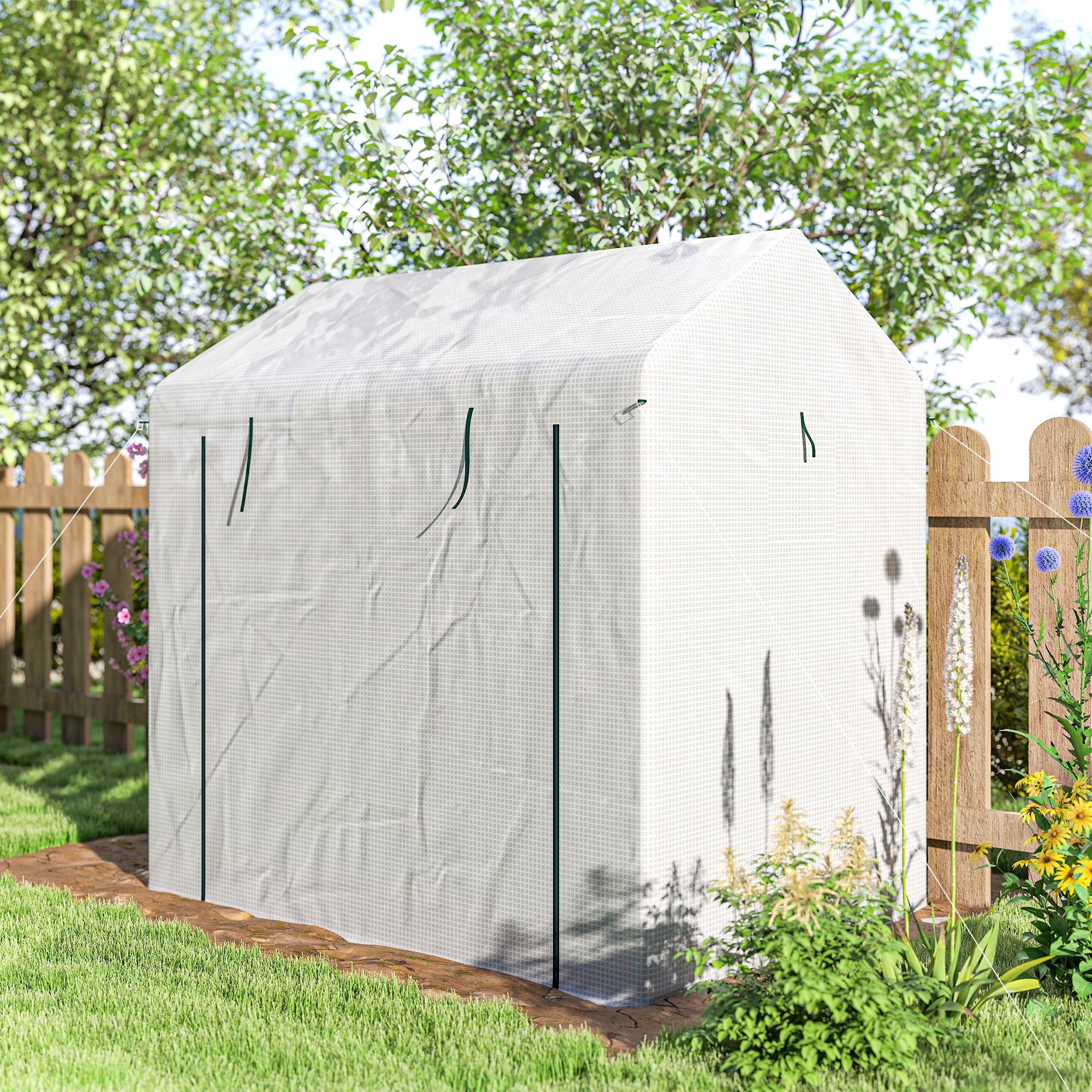 Outsunny begehbares Gewächshaus, Tomatengewächshaus für den Außenbereich, Gewächshaus für den Garten, Anzuchtgewächshaus mit Rolltür und Netzfenstern, PE-Abdeckung, 200 x 140 x 200 cm, weiß | Tomatengewächshaus für den Außenbereich, Gewächshaus für Garten