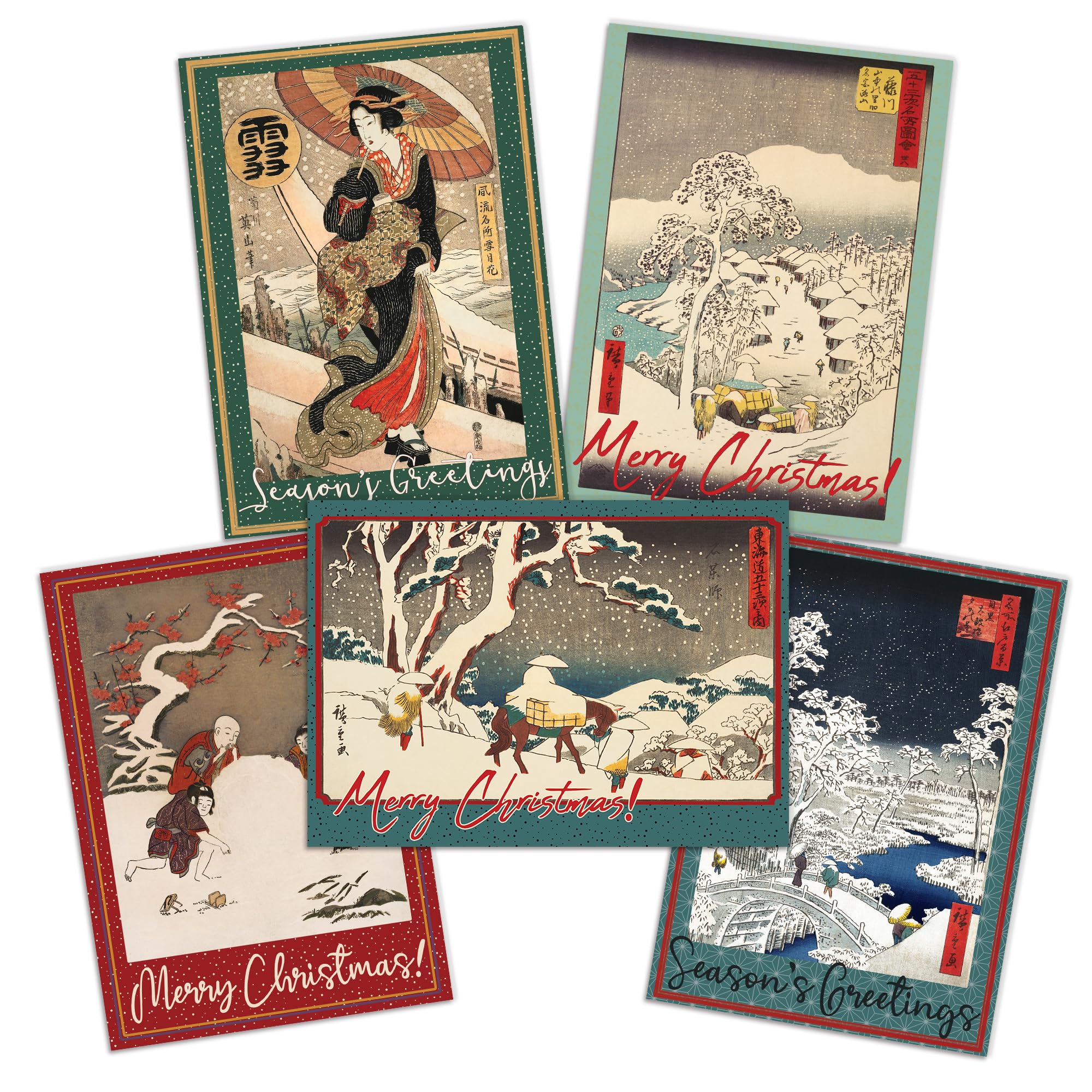 Japanese Woodblock Art Luxury Christmas Greeting Cards Set Pack Red Envelopes (Set of 5 Cards #2)