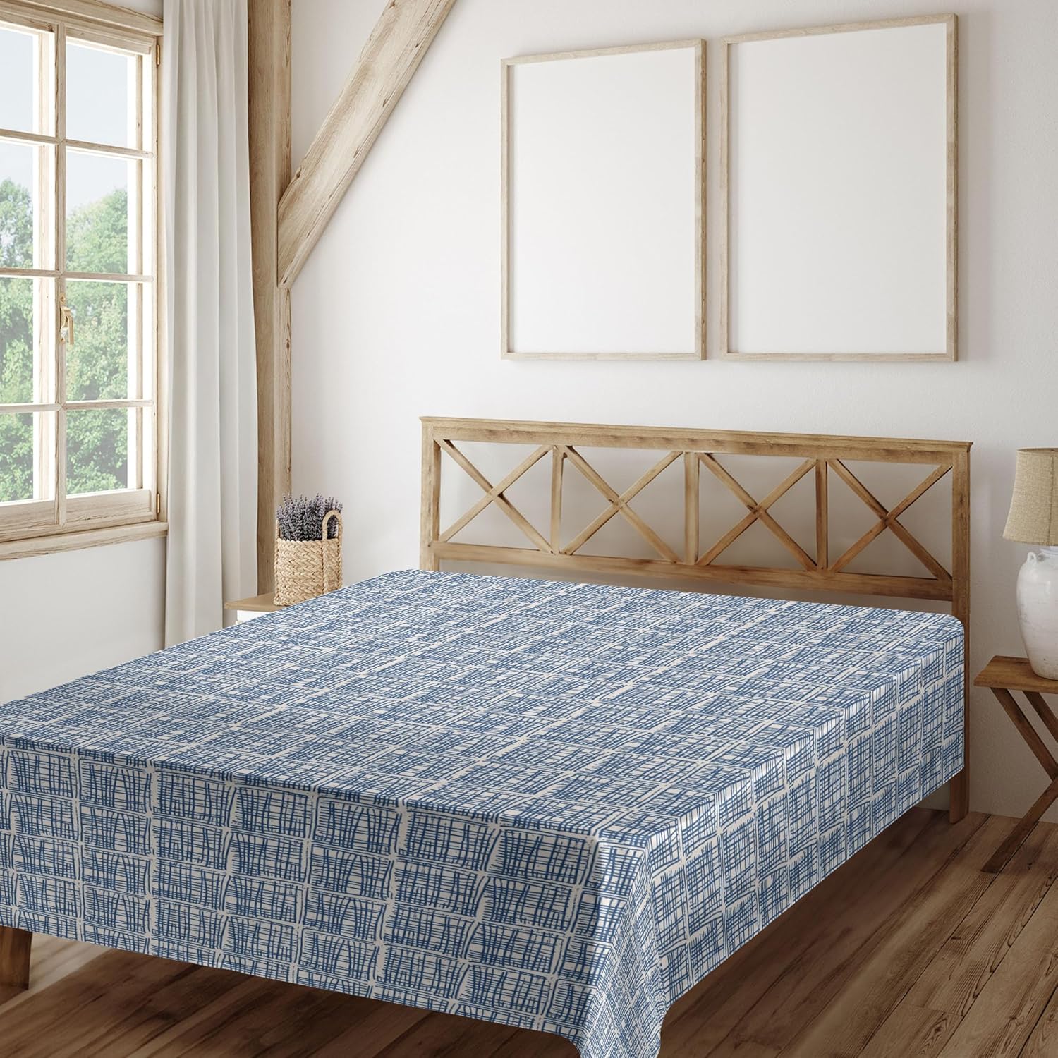 Ambesonne Ethnic Flat Sheet, Squares with Stripes in Hand Drawn Style Hippie Geometrical Grid Tile, Soft Comfortable Top Sheet Decorative Bedding 1 Piece, Queen Size, Navy Blue and Cream