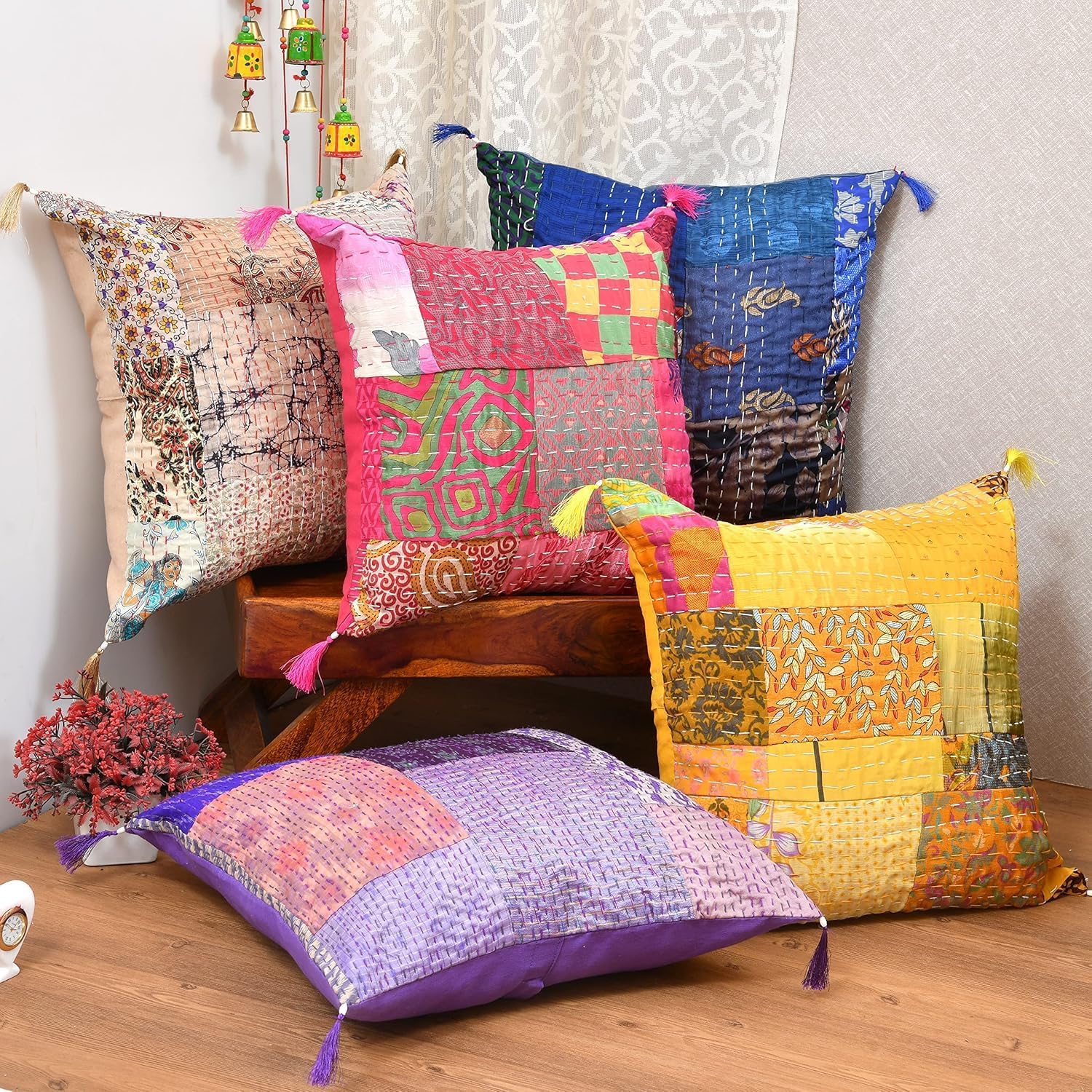 THRIVING Indian Ethnic Bohemian Set of 5 Decorative Colorful Square for Sofa Set Home Decorative Floral Design Boho Throw Pillow Case Silk Cushion Cover (20 x 20 Inch)