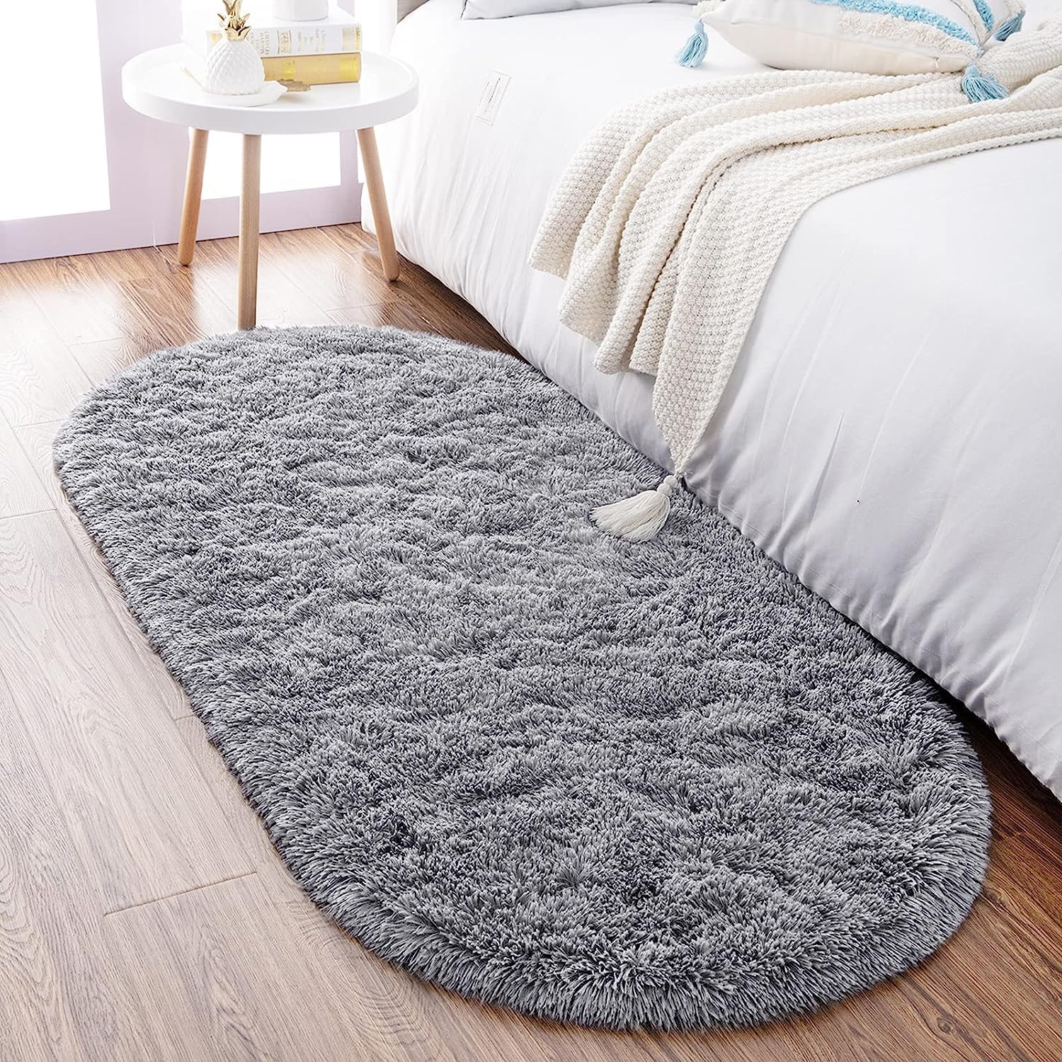 Noahas Fluffy Grey Rugs for Bedroom Living Room,2'X5' Oval Throw Rug for Kids Room,Shag Hallway Runner Rug,Small Soft Shaggy Bedside Non-Slip Plush Nursery Dorm Carpet Home Decor Aesthetic