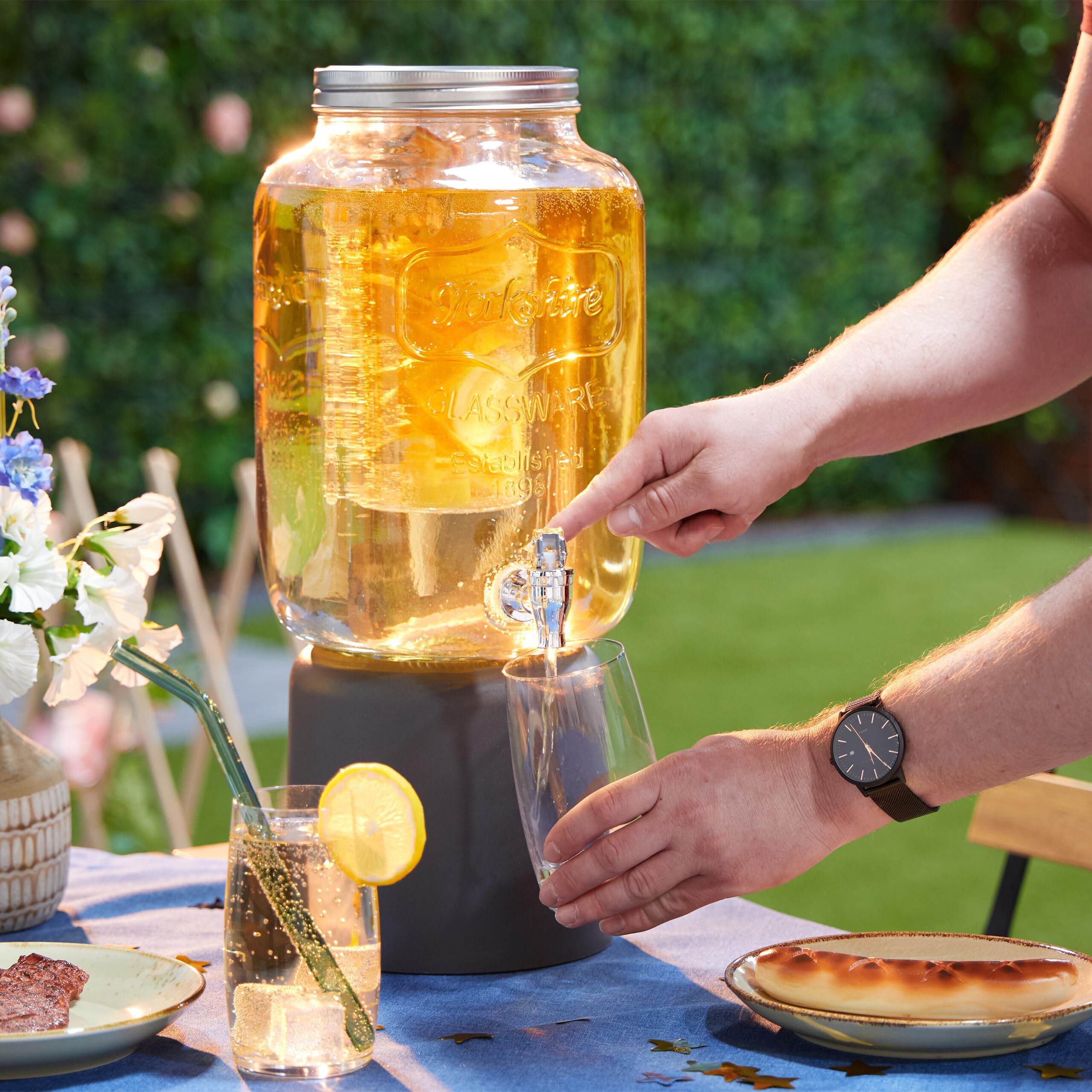 Relaxdays Distributeur de Boisson, en Verre, avec Compartiment et Couvercle, Volume : 8 litres, Transparent
