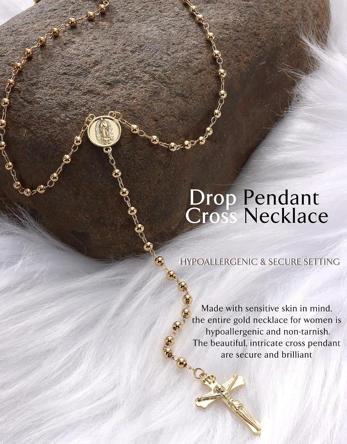 Krfy Lariat Long Necklace for Women, 16K Plated Gold Necklace for Women Dainty, Drop Pendant Cross Necklace, Rosary Beaded Y-Shaped CZ Layered Necklaces, Silver Color Adjustable Chain Jewelry - Image 2