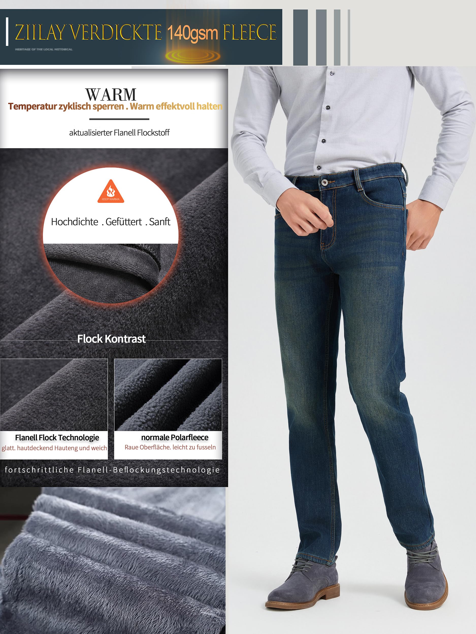 Thermojeans Herren Thermohose gefütterte Winterhose Winterjeans mit Fleece | Thermo Winter Hosen mit Fleecefutter, Straight-Fit Stretch, Business & Freizeit, Reise & Outdoor, warm bequem & stilvoll