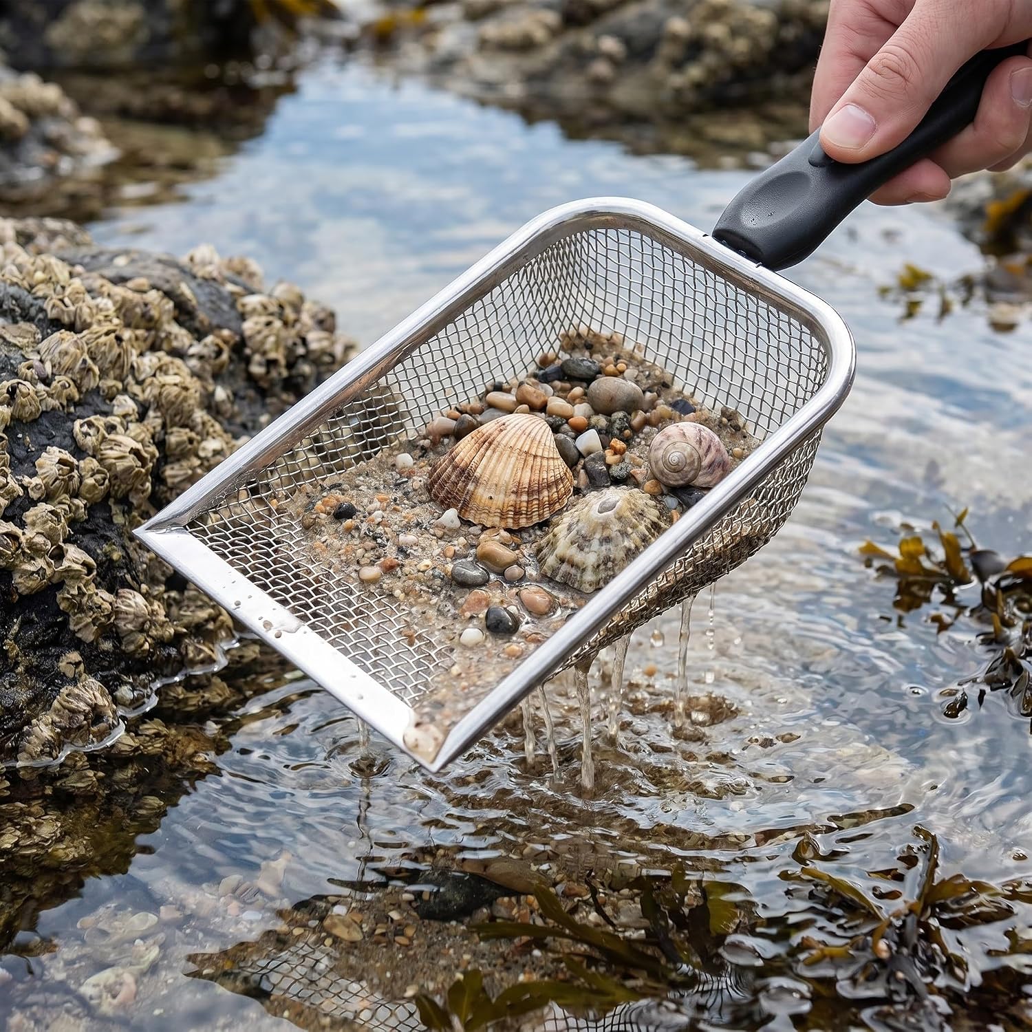 Angoily 2pcs Stainless Steel Beach Sand Scoop Shovels with 3.8x3.8mm Mesh Holes, Portable and Multipurpose Sifting Shovels for Shell Collecting and Outdoor Camping