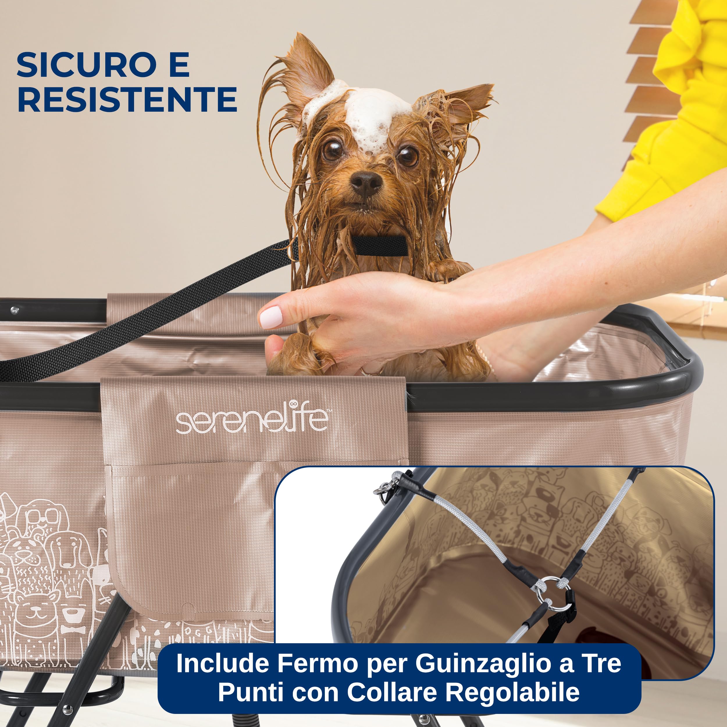 SereneLife Vasca da Bagno Pieghevole per Cani da Interno ed Esterno, Altezza Regolabile 86 cm, Tubo di Scarico e Tasche Portaoggetti, Accessori per Cani, Adatta Anche ad Altri Animali