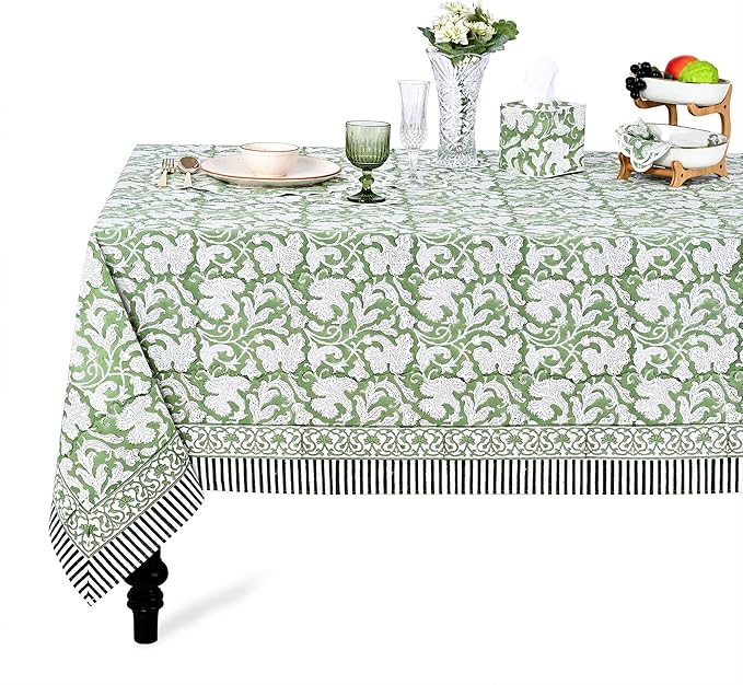Ridhi Hand Block Print Sage Green Rectangle Cotton Tablecloth 120" x 60" Reusable Table Cover Decorative Everyday Use for Dining, Farmhouse, Home Gift for Spring, Easter, Valentine