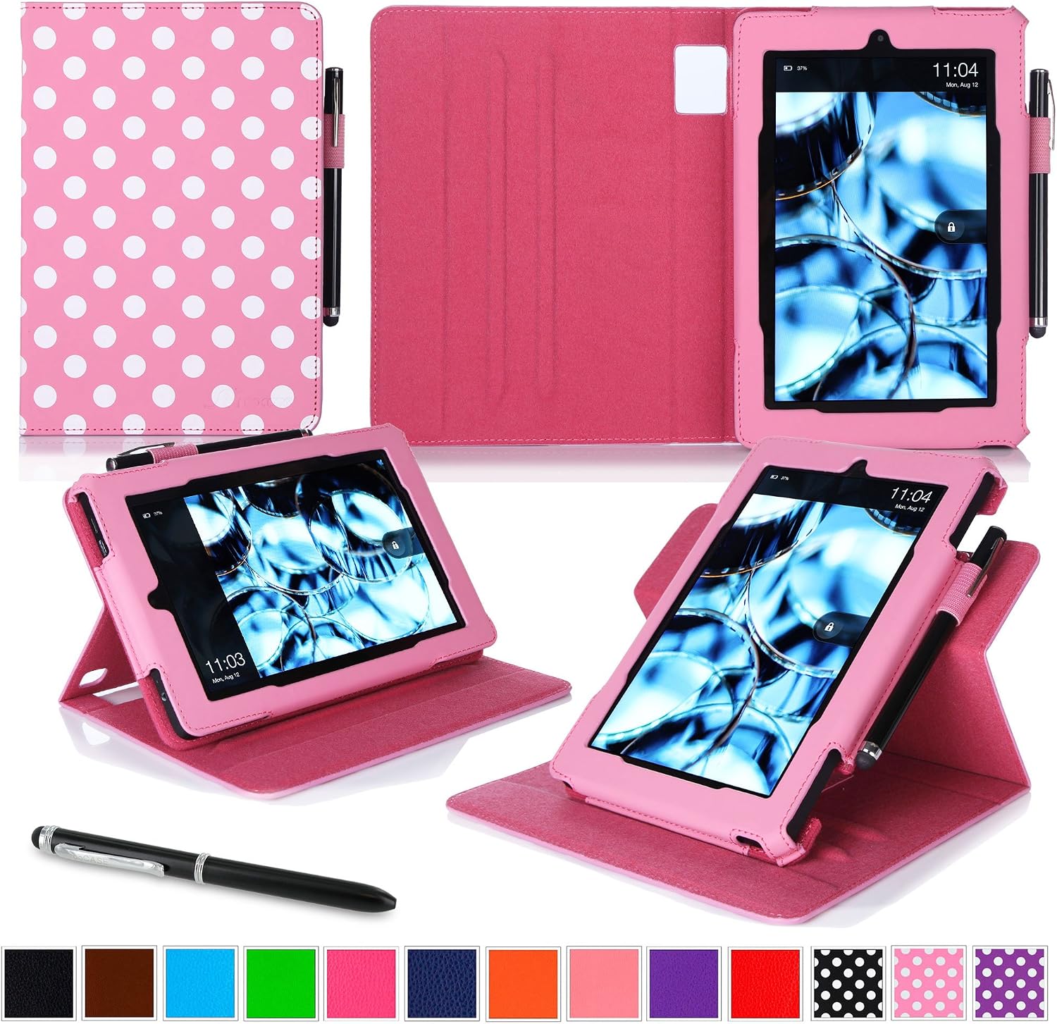rooCASE Dual View Folio PU Leather Case with Multi-Viewing Stand for Amazon Kindle Fire HD 7 Tablet - Polkadot Pink