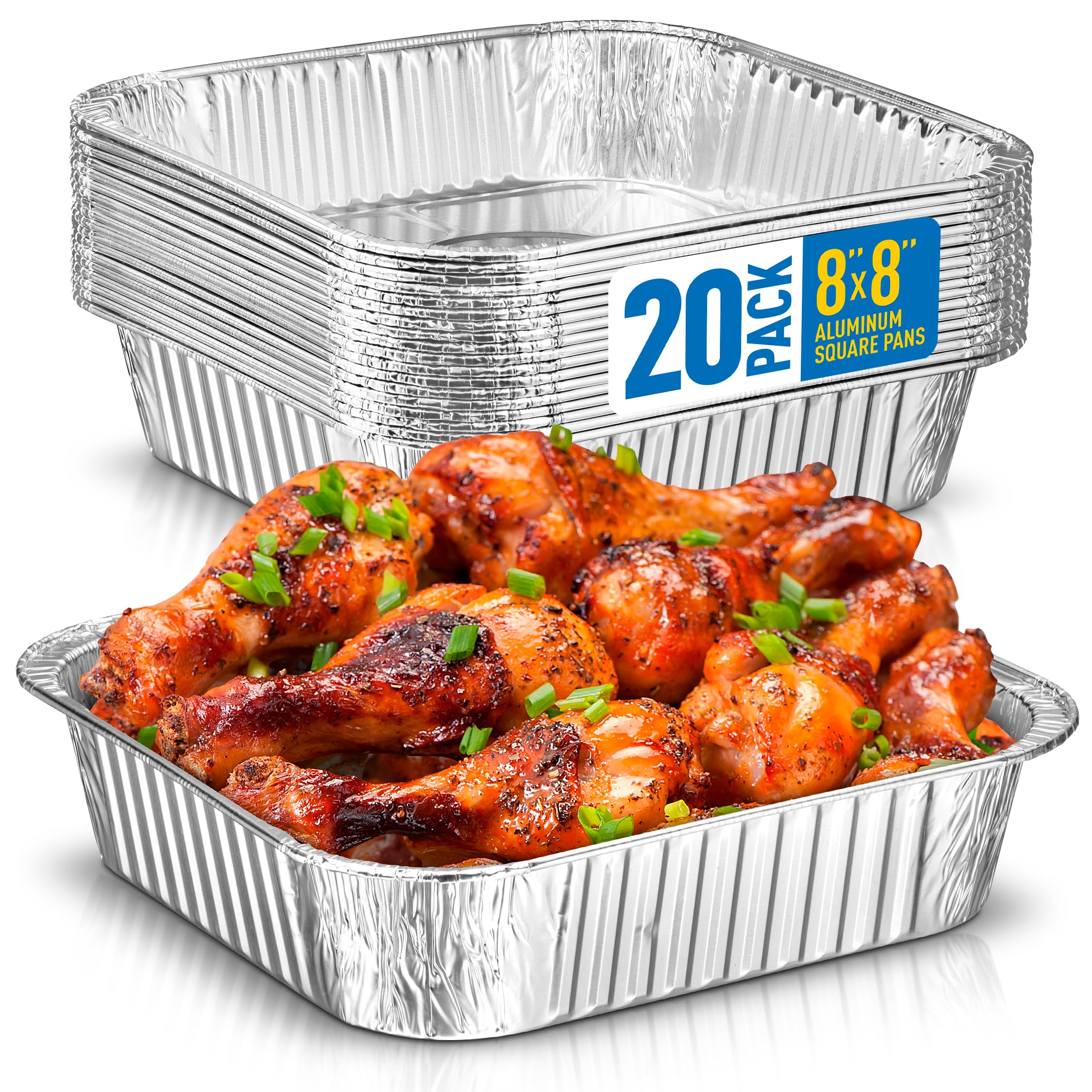 8x8 Disposable Aluminum Pans - 20 Pack Foil Pans For Cooking, Baking Cakes, Roasting &amp; Homemade Breads - Disposable Food Containers