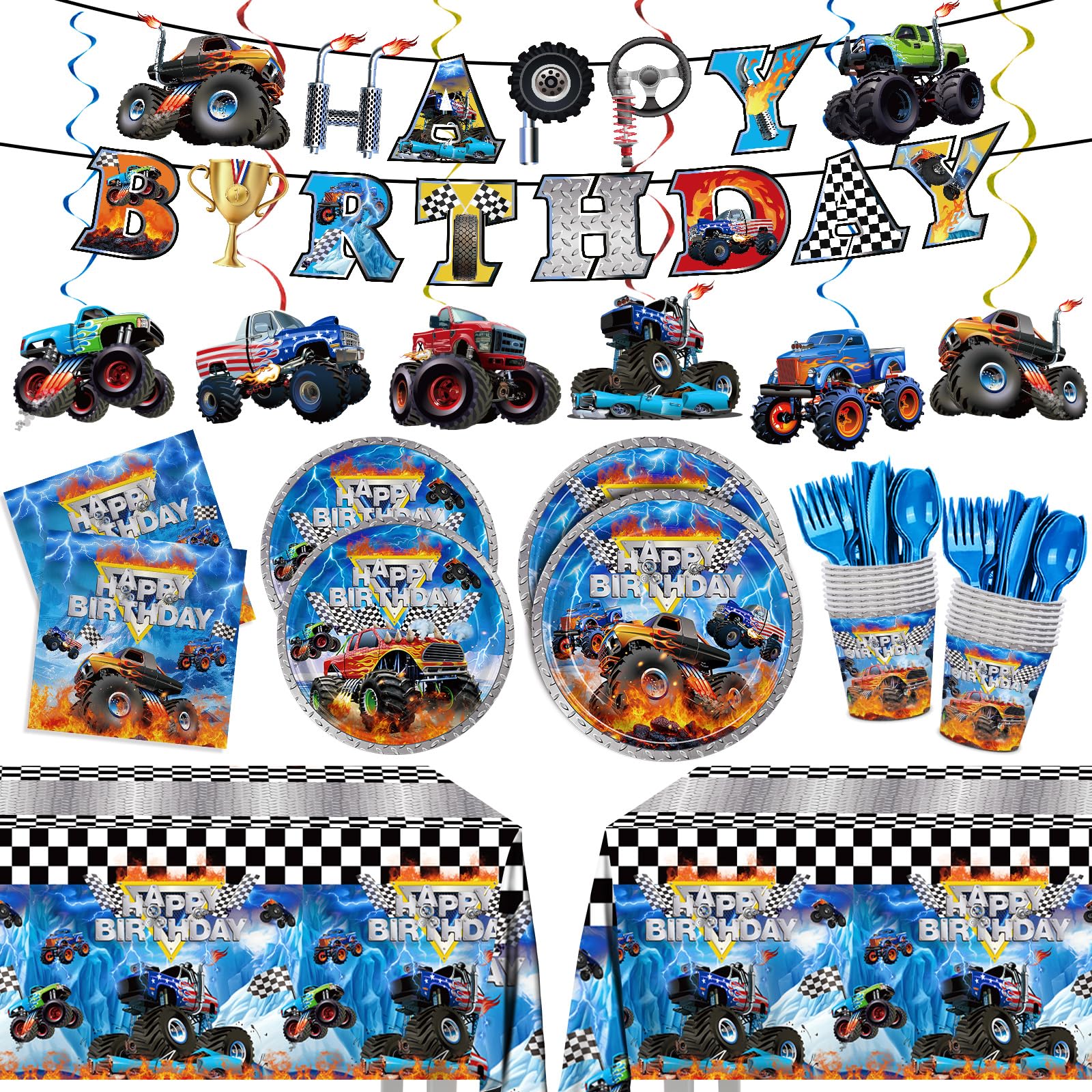 Photo 1 of 177pcs Monster Truck Birthday Decorations Plates Napkins Disposable Tableware Set Include Plates, Napkins, Cups, Cutlery, Banner, Hanging Swirls, Tablecloth for Monster Truck Party Supplies Serve 24 ?