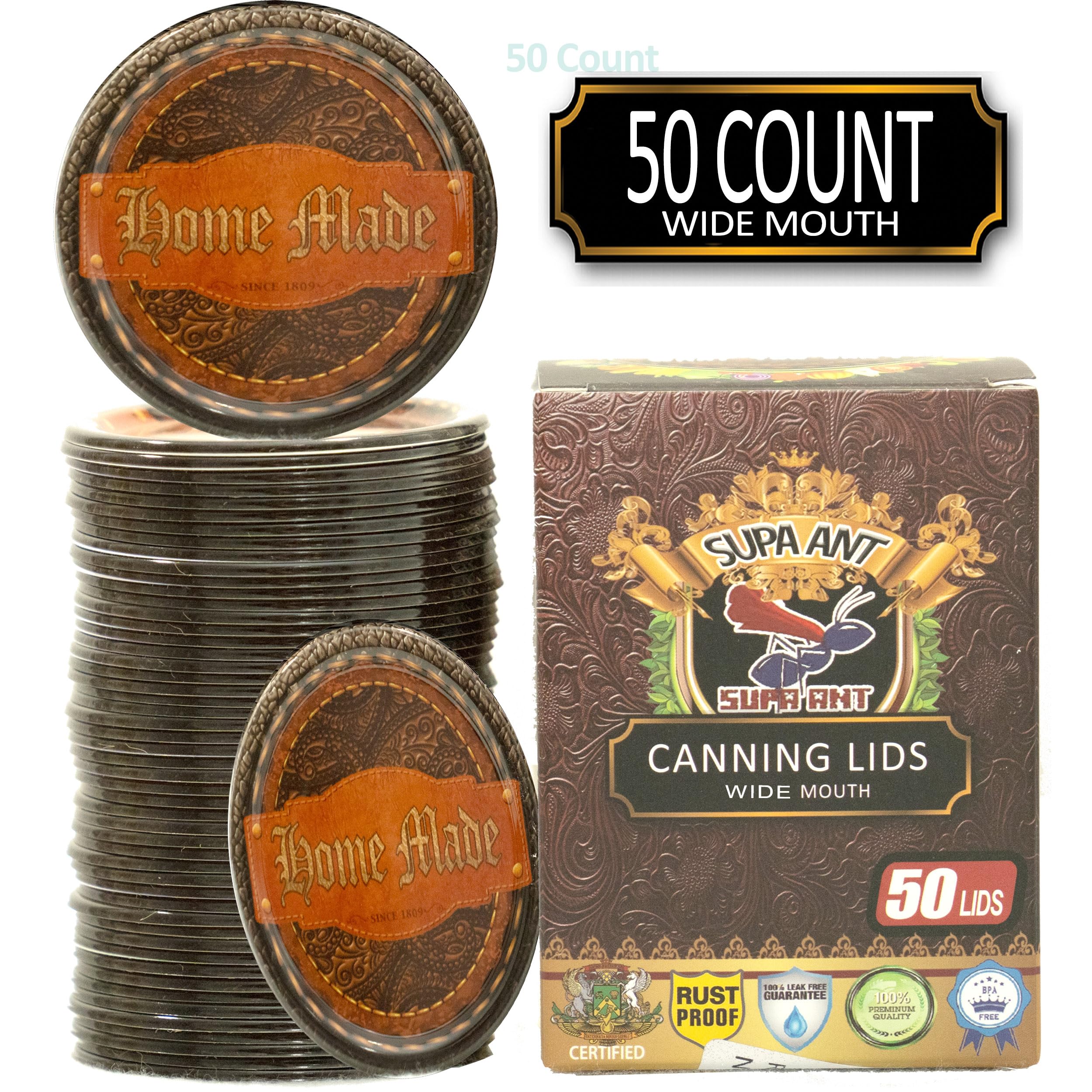 Supa Ant Thickest Canning Lids Wide Mouth (50 Pcs.) Food Grade Tin - Can Lids for Canned Food - Buckle Proof & Rust Proof Lid for Canning Kit for Wide